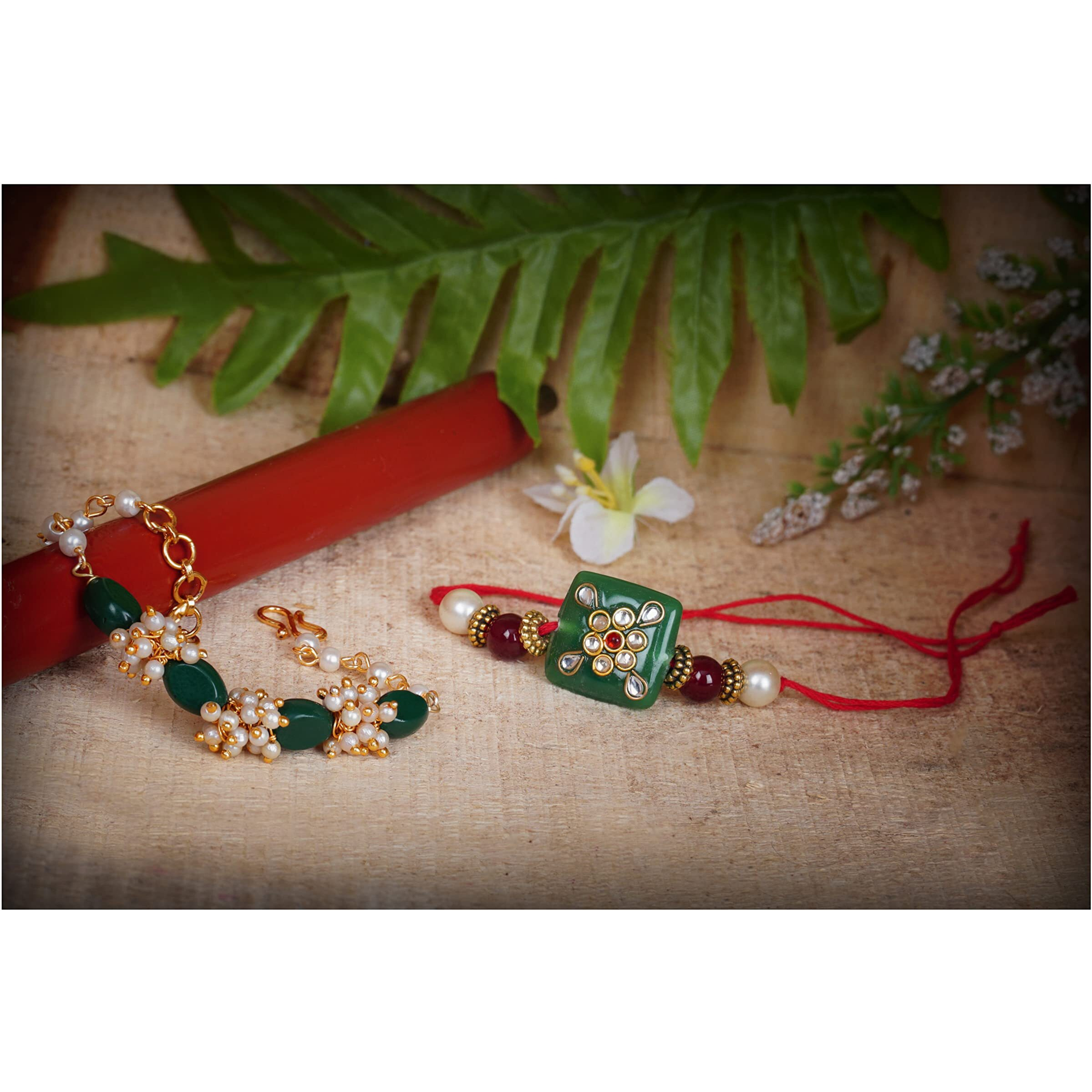 JFL - Jewellery for Less Mens Handmade Kundan Colorful Stone Combo Pearl Rakhi Set with Roli Chawal with Hand Written Greeting Note (Green)