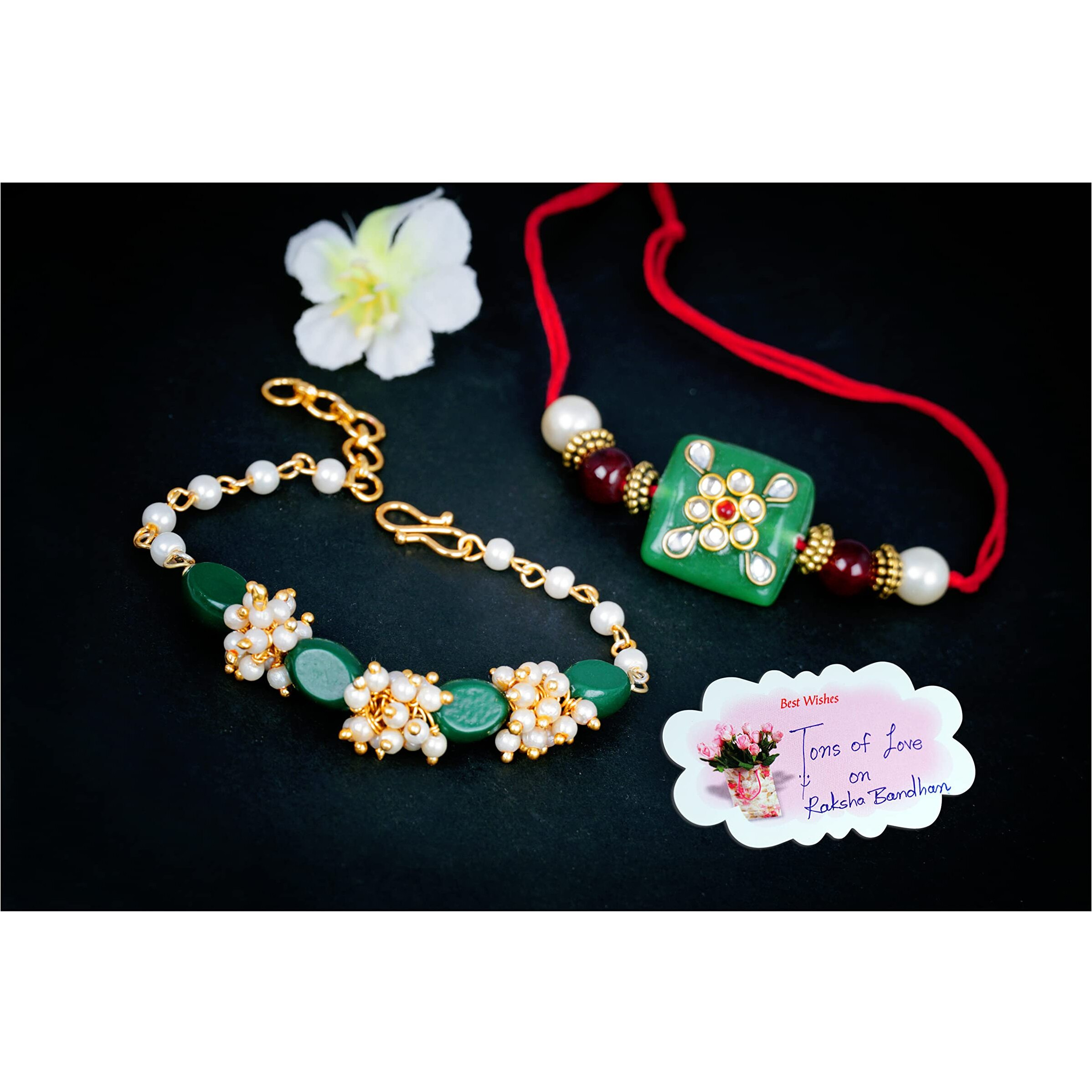 JFL - Jewellery for Less Mens Handmade Kundan Colorful Stone Combo Pearl Rakhi Set with Roli Chawal with Hand Written Greeting Note (Green)