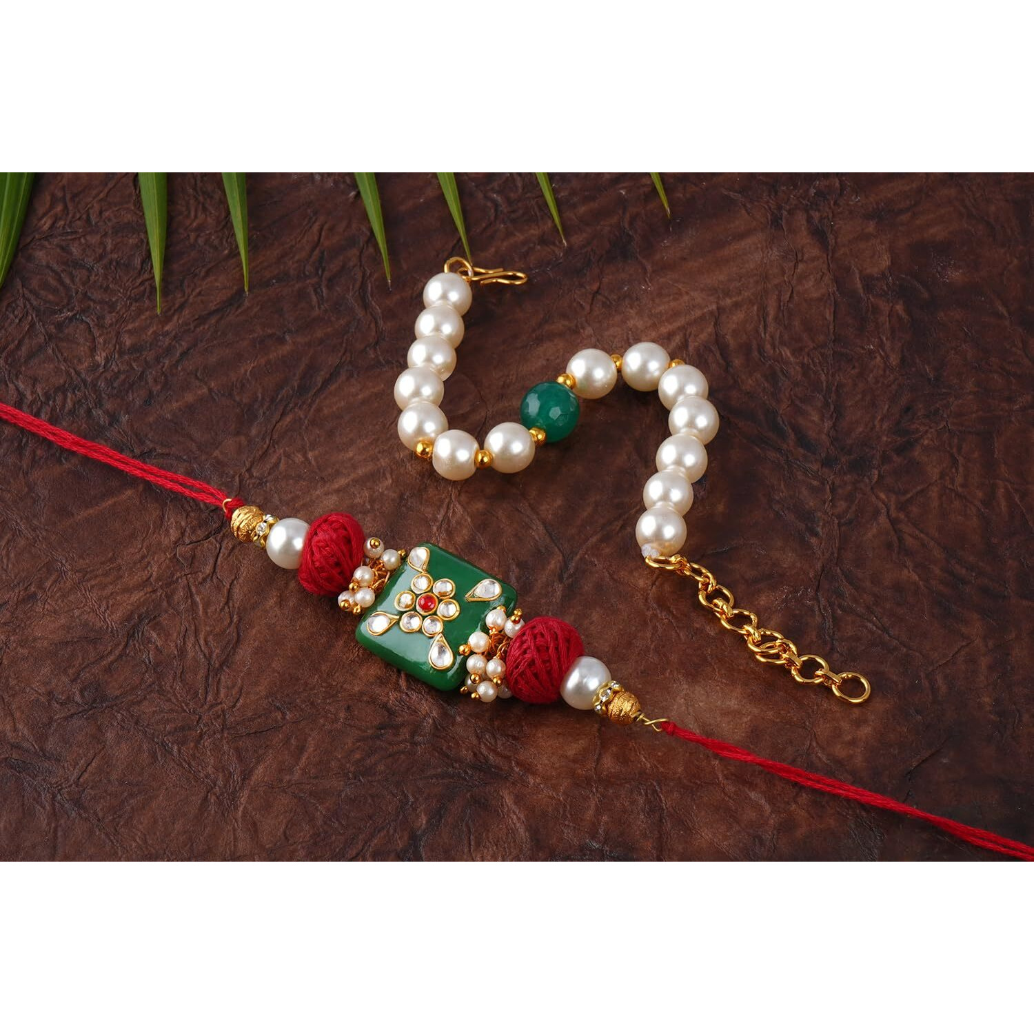 JFL - Jewellery for Less Handmade Kundan Colorful Stone & Pearl,Cotton Bead Rakhi,Combo Designer Collection Couple Pair Set with Roli Chawal (Raksha Bandhan)