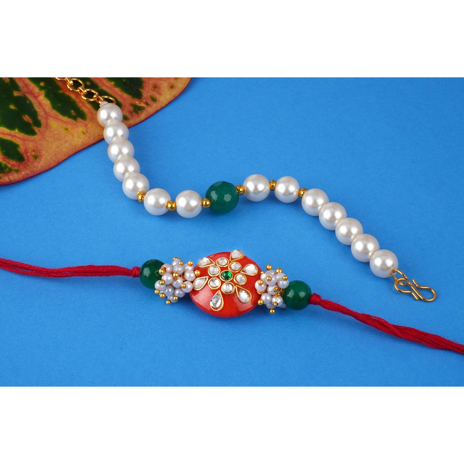 JFL-Jewellery for Less Handmade Kundan Colorful Stone Rakhi for Brother,Combo Designer Collection Couple Pair Rakhi Set for Bhaiya with Roli Chawal for Raksha Bandhan