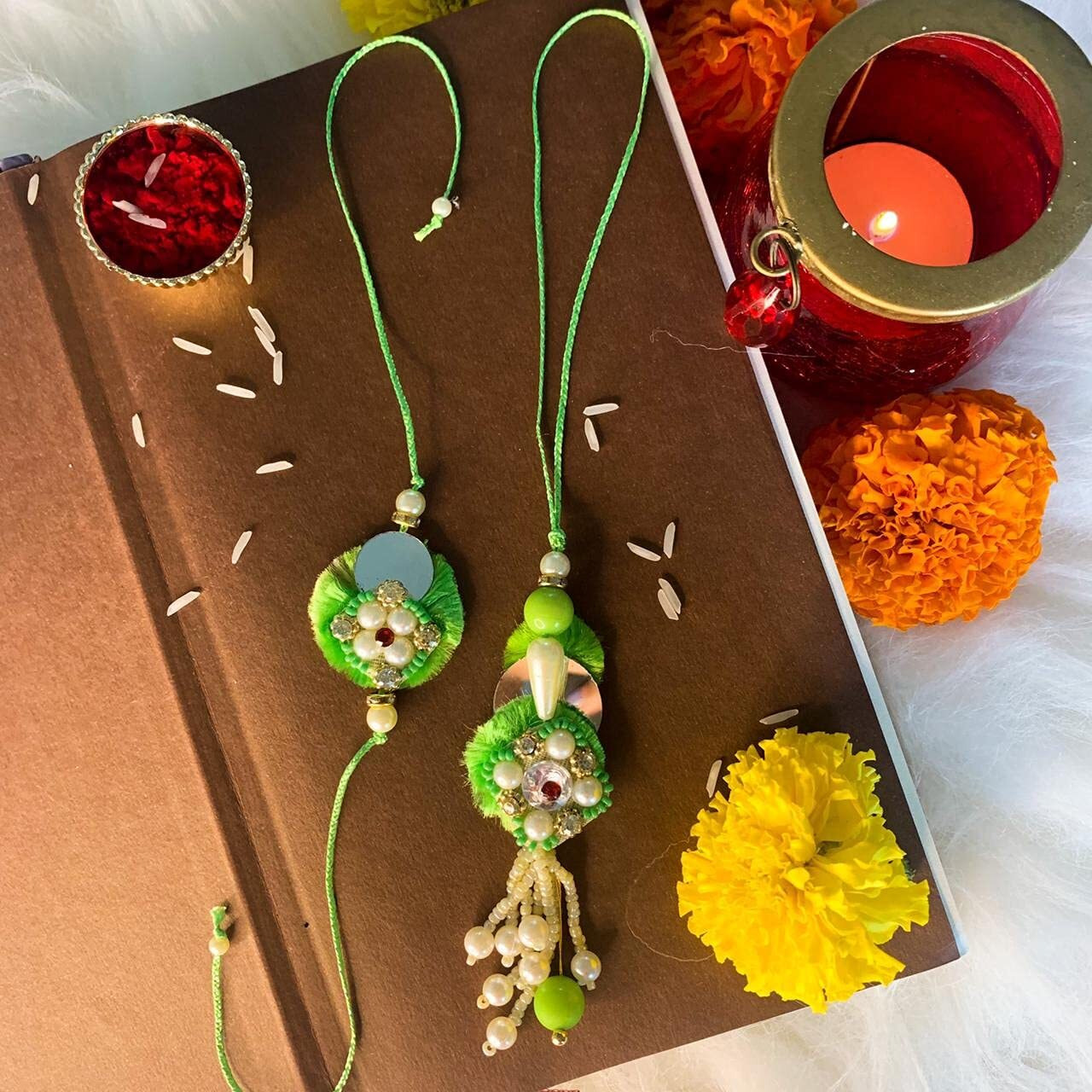 I Jewels Unisex-Adult Designer Bhaiya Bhabhi Lumba Rakhi Bracelet Combo Set With Roli Chawal & Rakshabandhan Card (R055-42) (Style 10)
