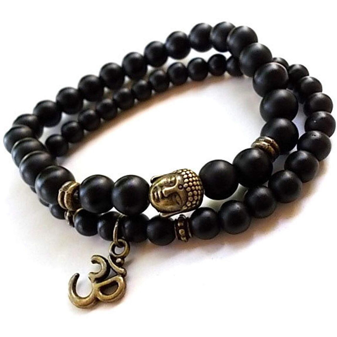 Young & Forever Gift Dvine Onyx Healing Beads Yoga Reiki Gold Om Buddha Charm Natural Stone Spiritual Energy Multi-Strand Rakhi Bracelet for Unisex Adult (Black)