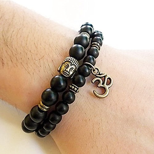 Young & Forever Gift Dvine Onyx Healing Beads Yoga Reiki Gold Om Buddha Charm Natural Stone Spiritual Energy Multi-Strand Rakhi Bracelet for Unisex Adult (Black)