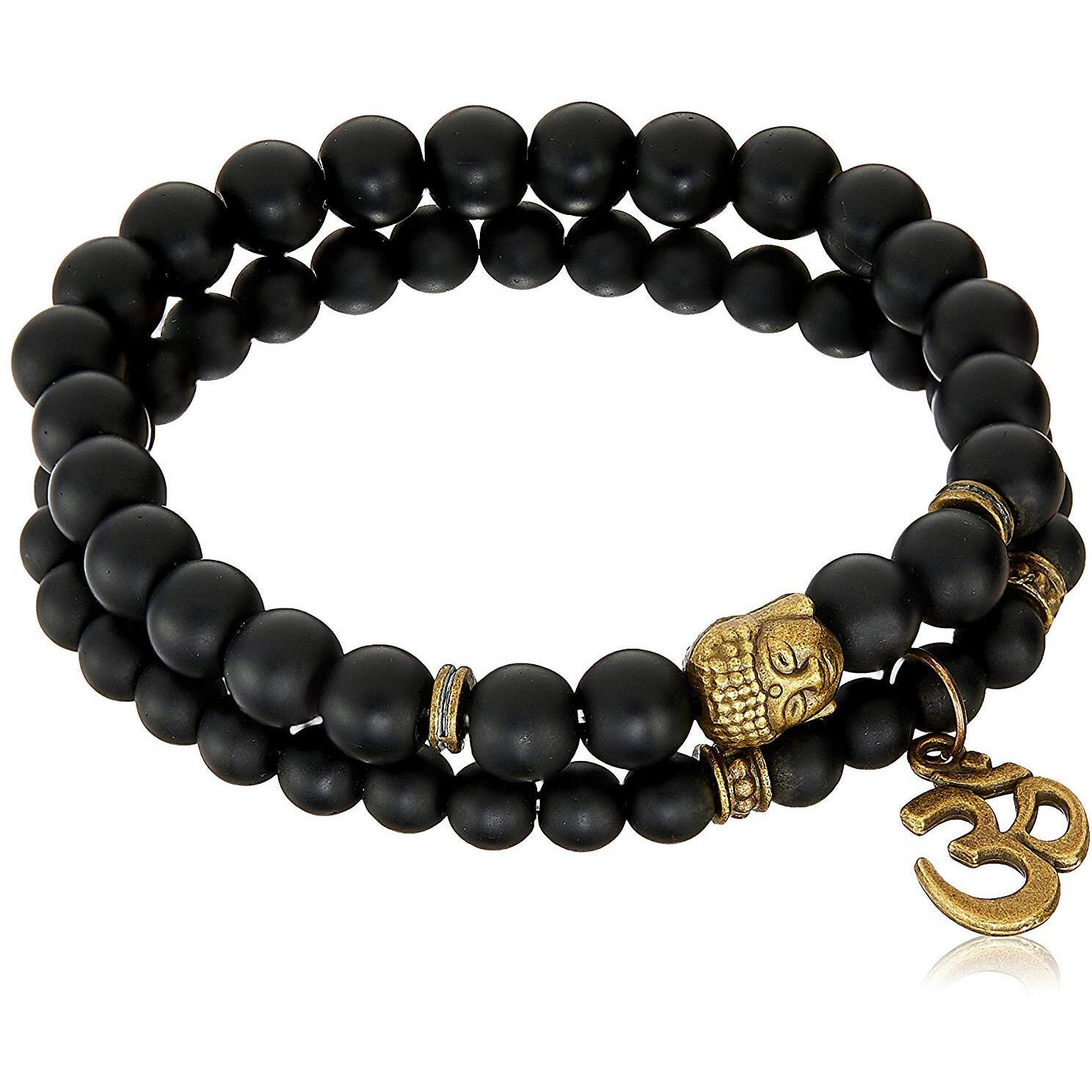Young & Forever Gift Dvine Onyx Healing Beads Yoga Reiki Gold Om Buddha Charm Natural Stone Spiritual Energy Multi-Strand Rakhi Bracelet for Unisex Adult (Black)