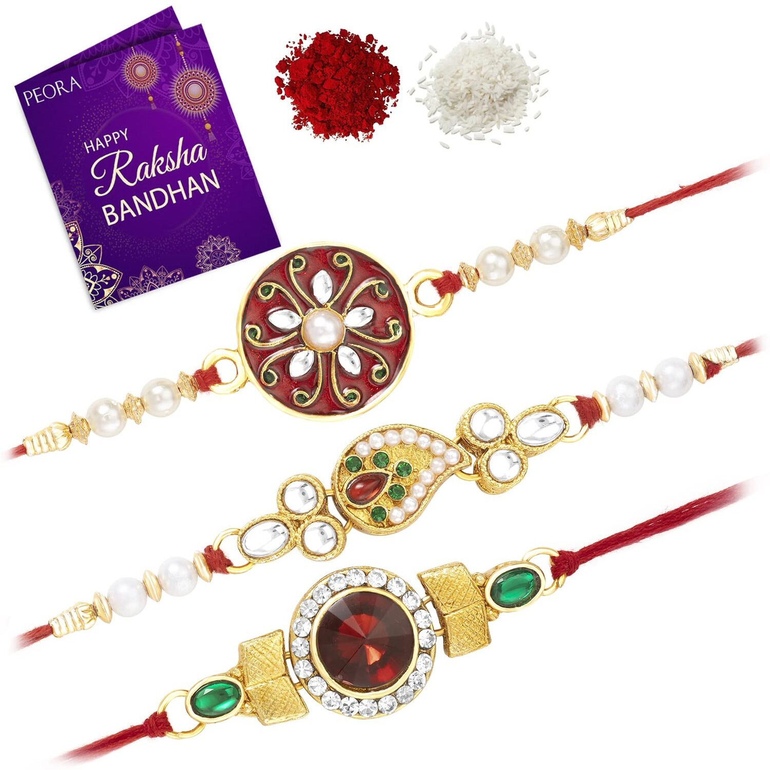 Peora Beautiful Kundan Beads Raksha Bandhan Rakhi Bracelet with Roli Chawal, Greeting Card (Combo Pack of 3) For Men