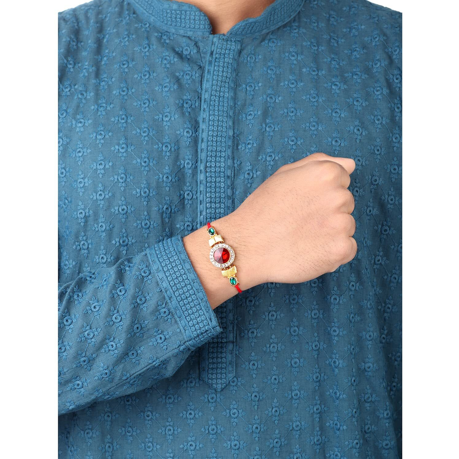 Peora Beautiful Kundan Beads Raksha Bandhan Rakhi Bracelet with Roli Chawal, Greeting Card (Combo Pack of 3) For Men