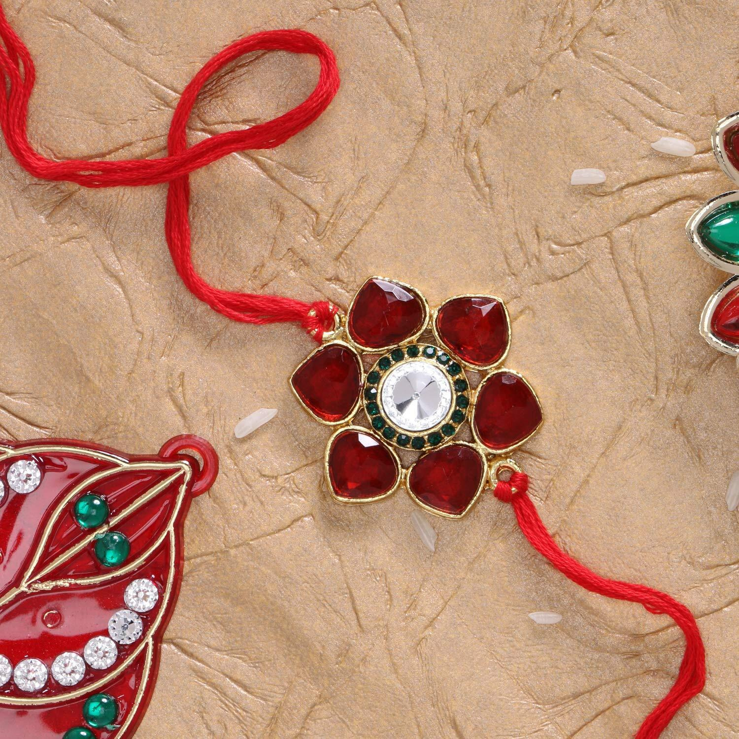 LIVE EVIL Modish Gold plated Stone Work Rakhi for Brother Sister with Raksha Bandhan Greeting Card having Traditional Ethnic Unique Design Specially Hand Made by Indian Craftsmen