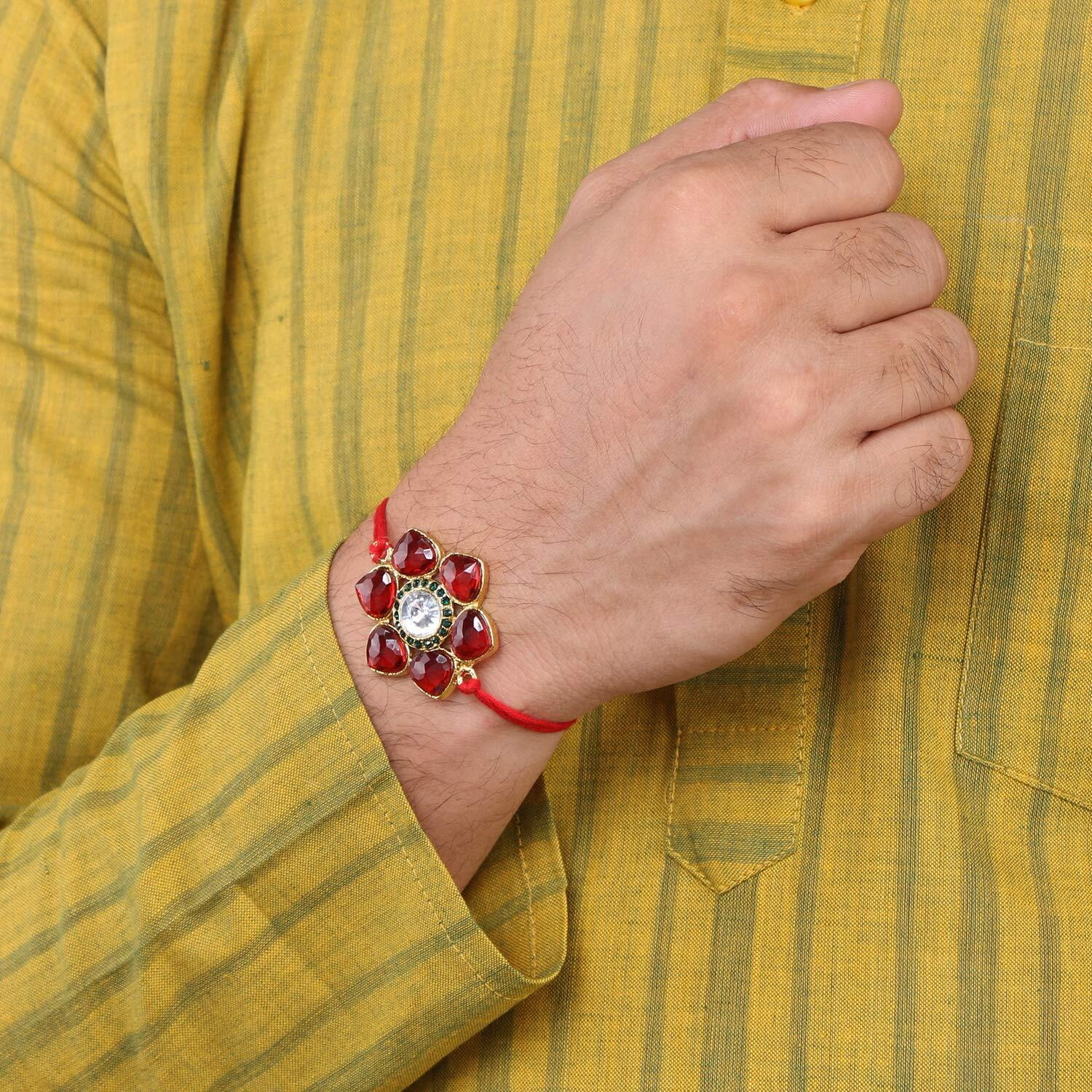 LIVE EVIL Modish Gold plated Stone Work Rakhi for Brother Sister with Raksha Bandhan Greeting Card having Traditional Ethnic Unique Design Specially Hand Made by Indian Craftsmen
