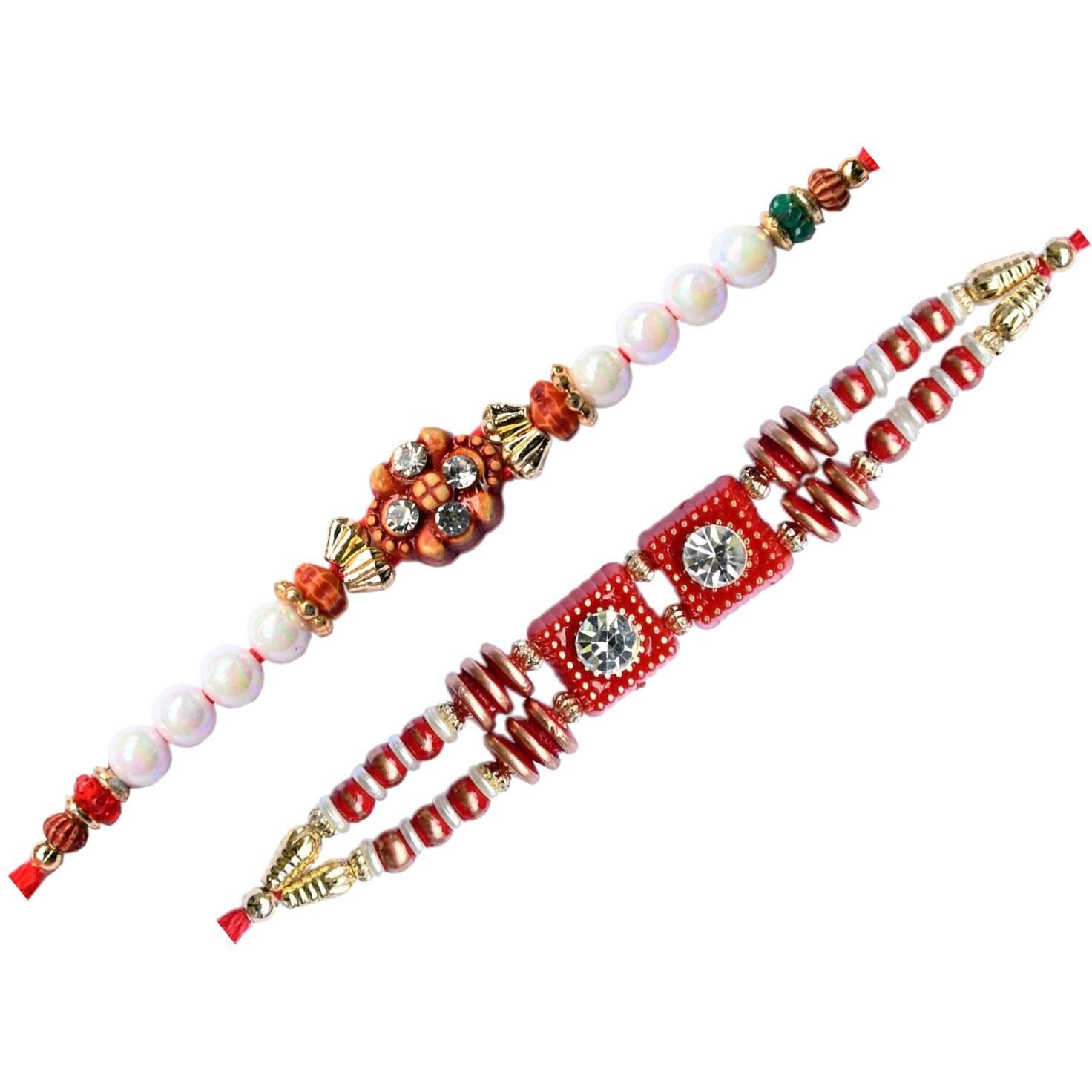 Purpledip Rakhi Set For Brother Marble Aasan Ganesha, Set of 2 Rakshabandhan Bracelets & Auspicious Roli Chawal Tika For Men (rakhi1b)