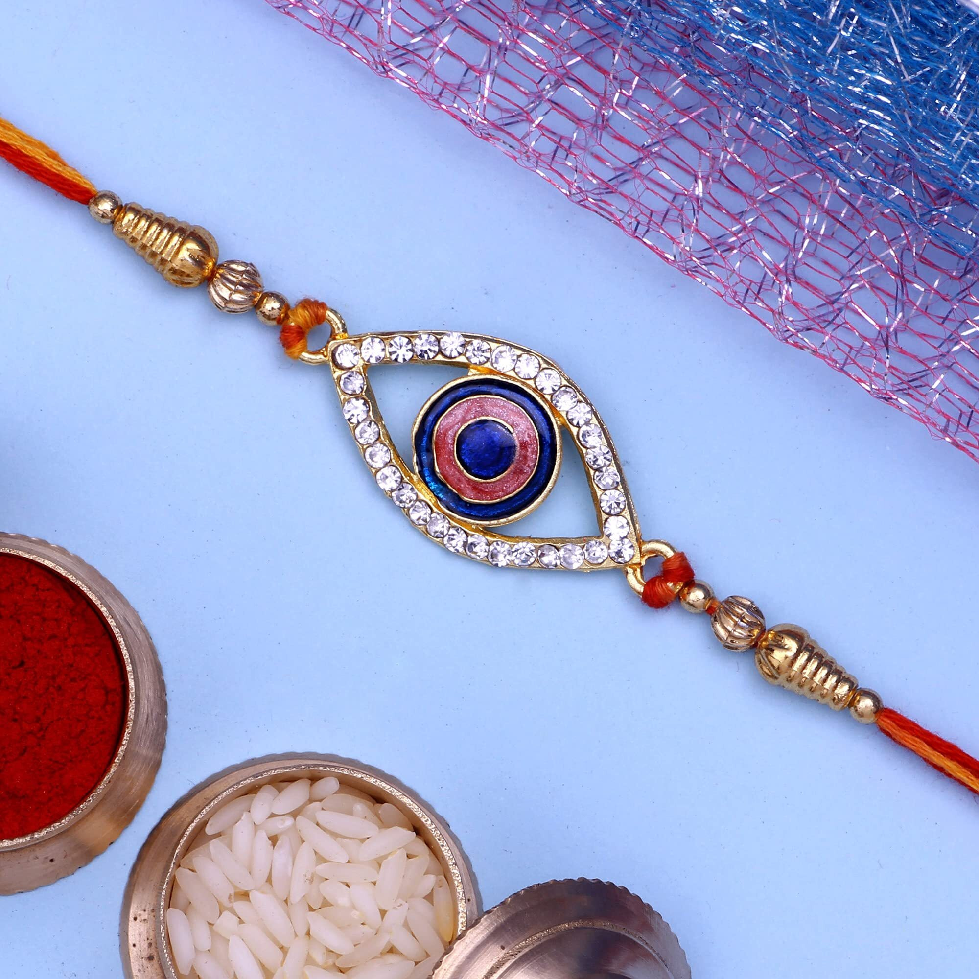 Mahi Auspicious Evil Eye Meenakari work and White Crystals Rakhi Bracelet for Brother (RA1100644G)