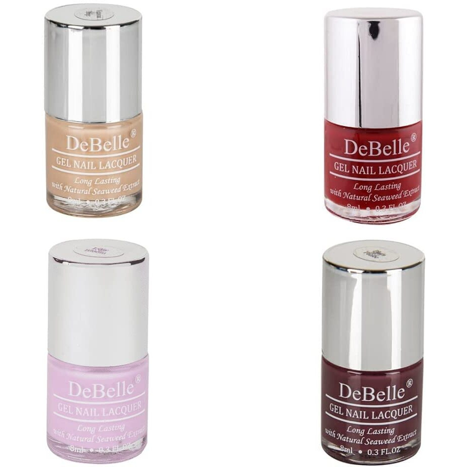 DeBelle Gel Nail Lacquers Combo Set of 4 Wild Cherry Skittles - Victorian Beige (Beige), Moulin Rouge (Maroon), Lilac Bloom (Soft Lilac),Plum Toffee (Plum Maroon) 32ml (8ml Each) Rakhi Gift