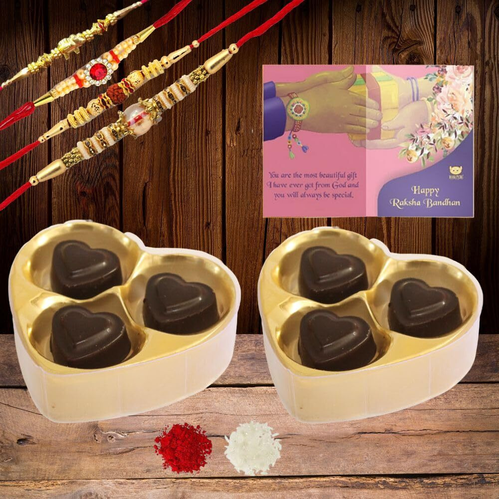 BOGATCHI Rakhi Chocolates for Brother, 2 Heart Chocolate Box, 3 pcs Each + 4 Rakhi + 2 Roli Chawal + Free Rakhi Card