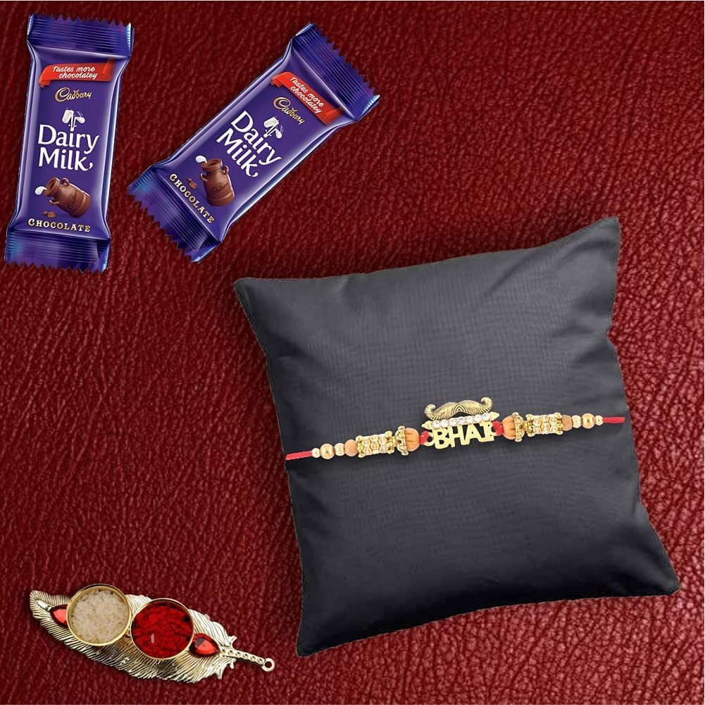 Astonished Retail Premium Designer Bhai Rakhi with 2 Pieces Dairy Milk Chocolates | Rakhi Chocolate Gift for Brother | Roli, Chawal, Chandan, Misri | 51