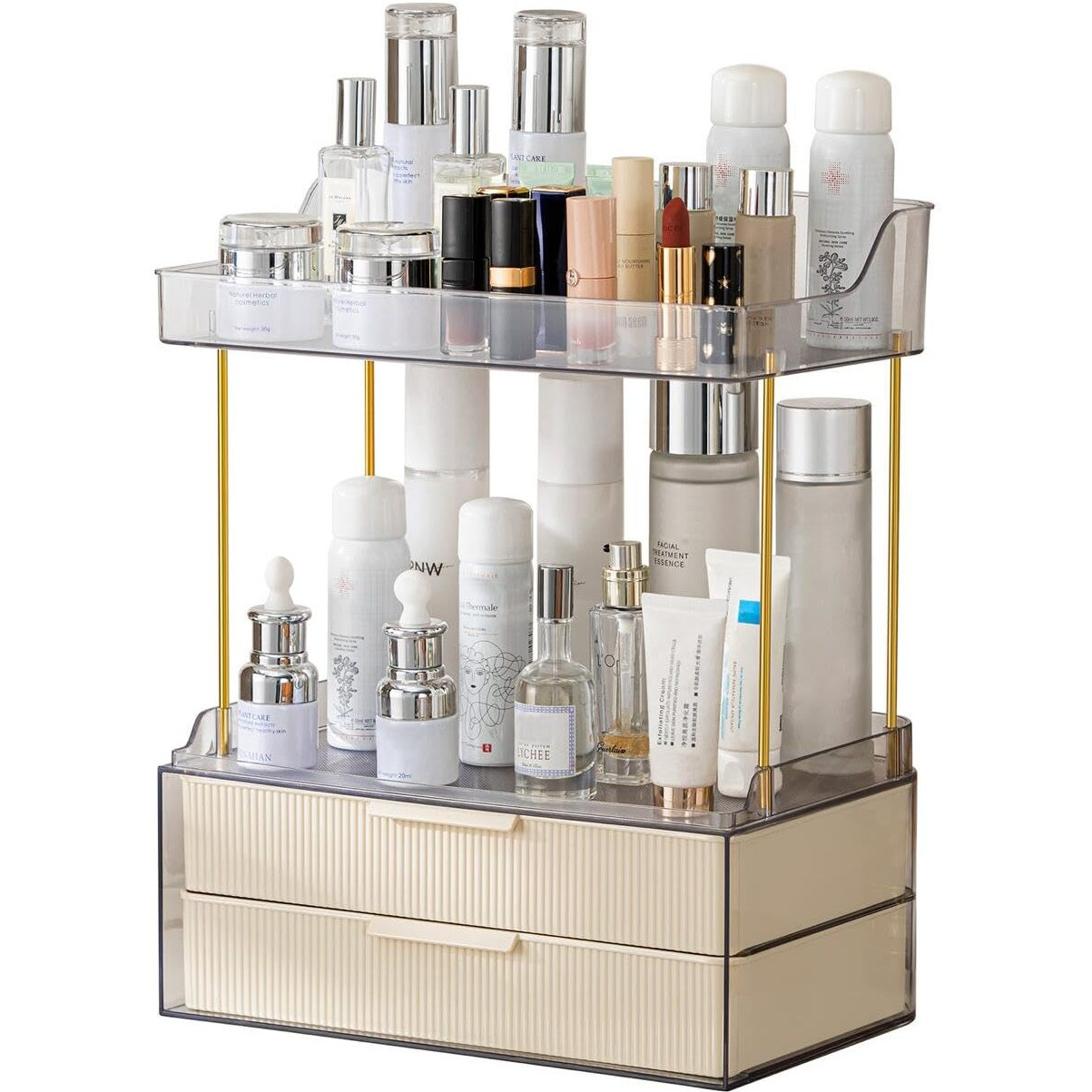 Dravina Makeup Organizer for Women | Rakhi Gift for Sister|4 Tier, 2-Drawer, Large Capacity with Gold Metal Finishing |Waterproof, Easy to Clean, Lightweight | Perfect for Bathroom, Kitchen - 38cm