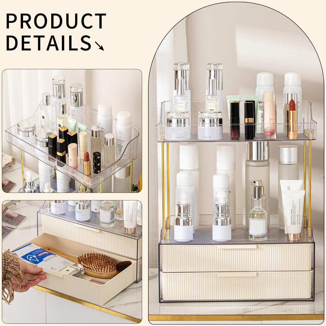 Dravina Makeup Organizer for Women | Rakhi Gift for Sister|4 Tier, 2-Drawer, Large Capacity with Gold Metal Finishing |Waterproof, Easy to Clean, Lightweight | Perfect for Bathroom, Kitchen - 38cm
