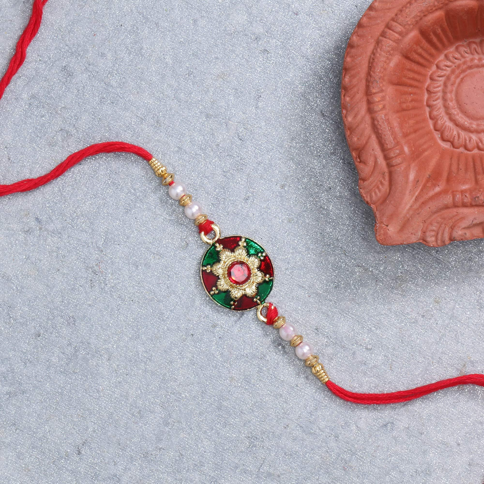 LIVE EVIL Pleasing Gold plated Maroon Meena Work Rakhi For Brother Sister With Raksha Bandhan Greeting Card having Traditional Ethnic Unique Design Specially Hand Made by Indian Craftsman
