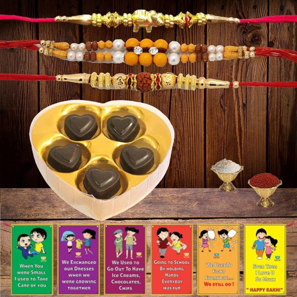 BOGATCHI Rakhi Chocolates for Brother, Heart Chocolate Box, 5 pcs + 3 Rakhi + Roli Chawal + Free Rakhi Card