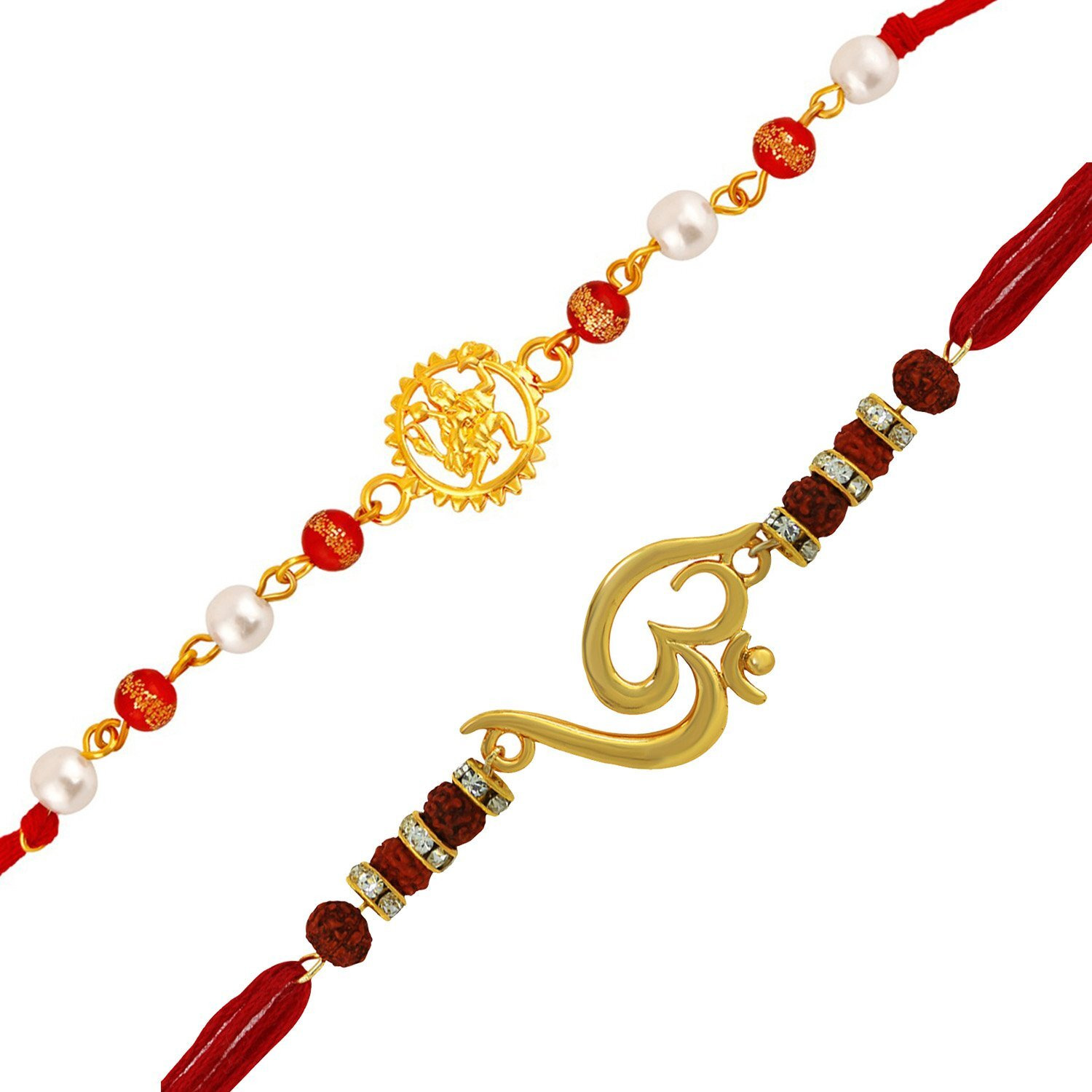 Mahi Combo of 2 Spiritual Hanuman and Om Rakhi Combo with rudraksha and Crystal for Beloved Brother (Bracelet) RCO1104771G