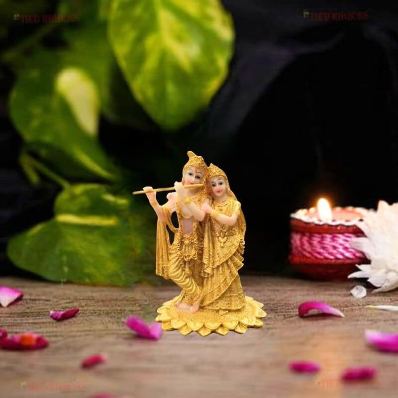 SATYAM KRAFT 1 Pc Shree Radha krishna God Murti - Statue Decor Gold Idol Decoration Showpiece for Office, Pooja, Mandir, Table, figurines rakshabandhan rakhi Gift Decorative gifts (SMALL) (13.5 H)