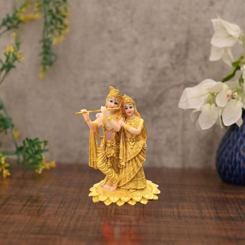 SATYAM KRAFT 1 Pc Shree Radha krishna God Murti - Statue Decor Gold Idol Decoration Showpiece for Office, Pooja, Mandir, Table, figurines rakshabandhan rakhi Gift Decorative gifts (SMALL) (13.5 H)