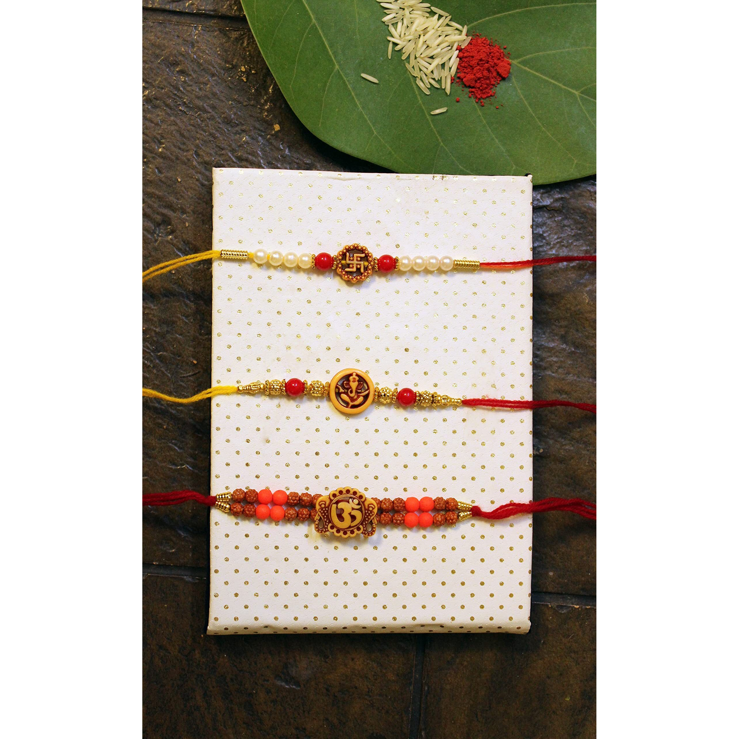iberrys Rakhi Gift Pack with Set of Three Designer Rakhi & Roli Chawal for Brother | rakhi for brother (Combo 234)-Best Gift from Sister
