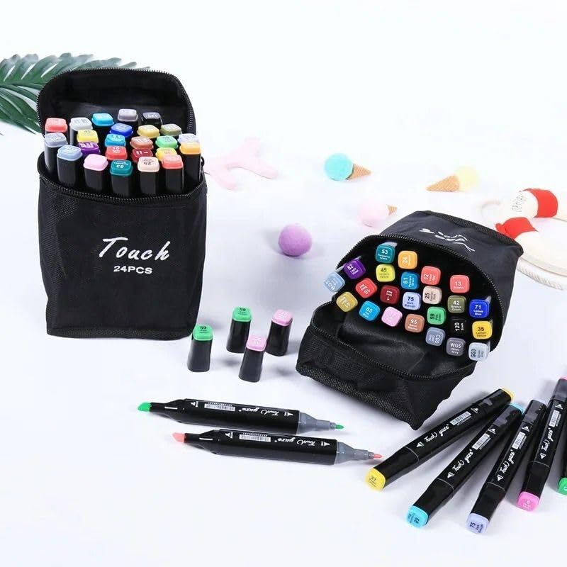 Dravina 24pc Dual Marker Pen Set With Tray & Rakhi Gift for Brother| Fine & Broad Tip Acrylic Marker For Drawing, Colouring, Calligraphy| Alcohol Based Art Markers| Odorless Non Toxic