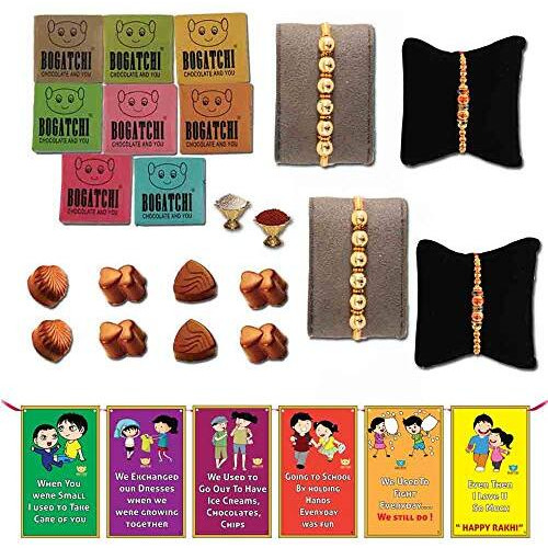 BOGATCHI Rakhi for Brother with Chocolates -Set of 4 Gold Plated Beads and Crafted Rakhi for Brother + Free 8 Piece Chocolate + Free roli chawal+ Bro sis Greeting Card