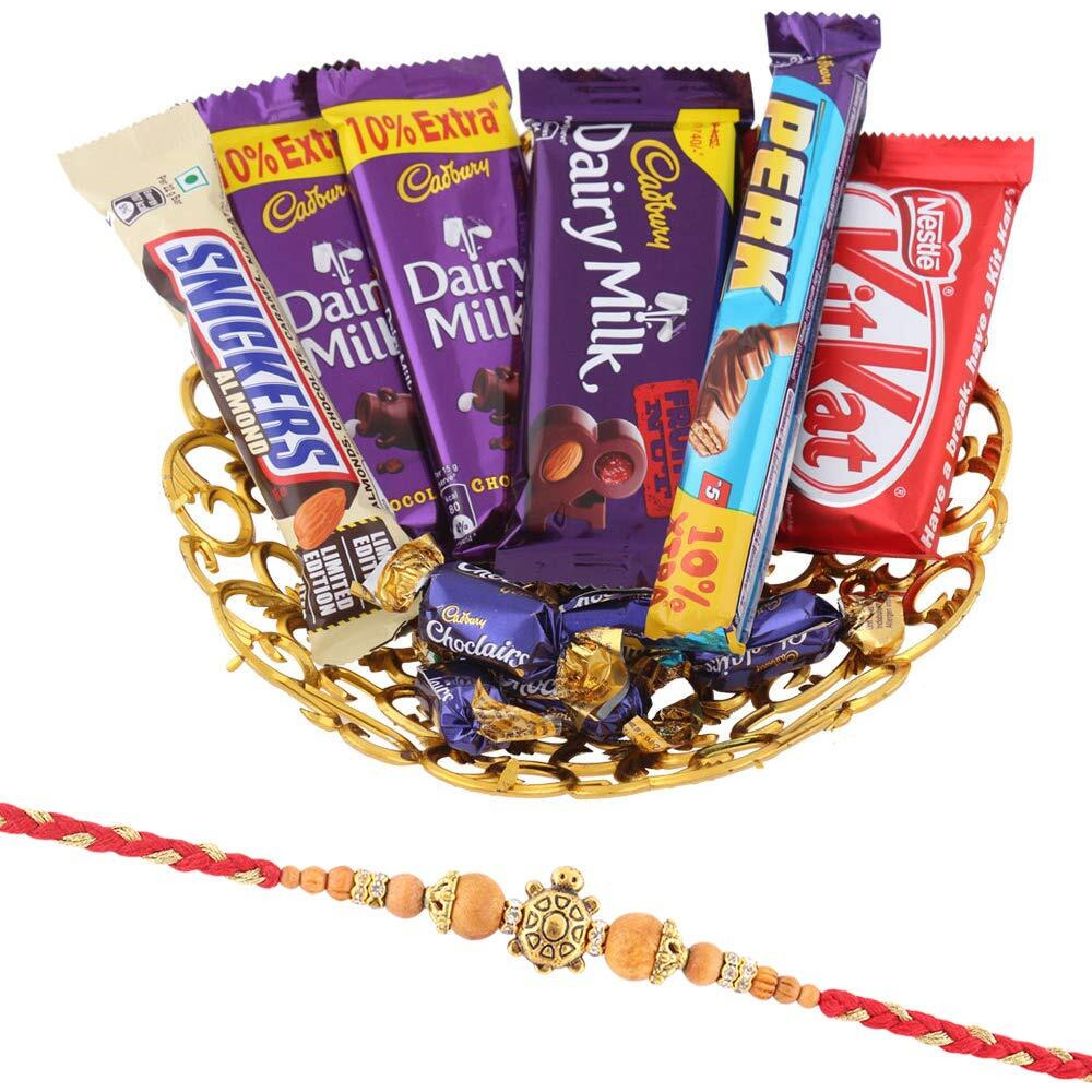 SFU E Com Premium Tortoise Rakhi with Chocolates Gift for Brother Basket Hamper, Roli, Chawal, Chandan, Misri, Almond, 1091