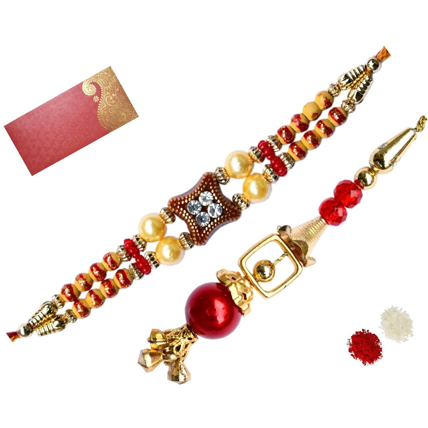 Purpledip Rakhi Set For Brother & Bhabhi In Designer Shagun Envelop With Roli Chawal Tika (rakhi38r)