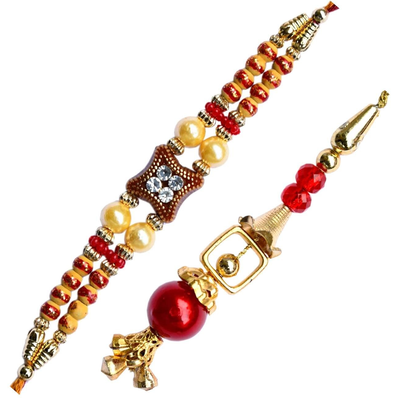 Purpledip Rakhi Set For Brother & Bhabhi In Designer Shagun Envelop With Roli Chawal Tika (rakhi38r)