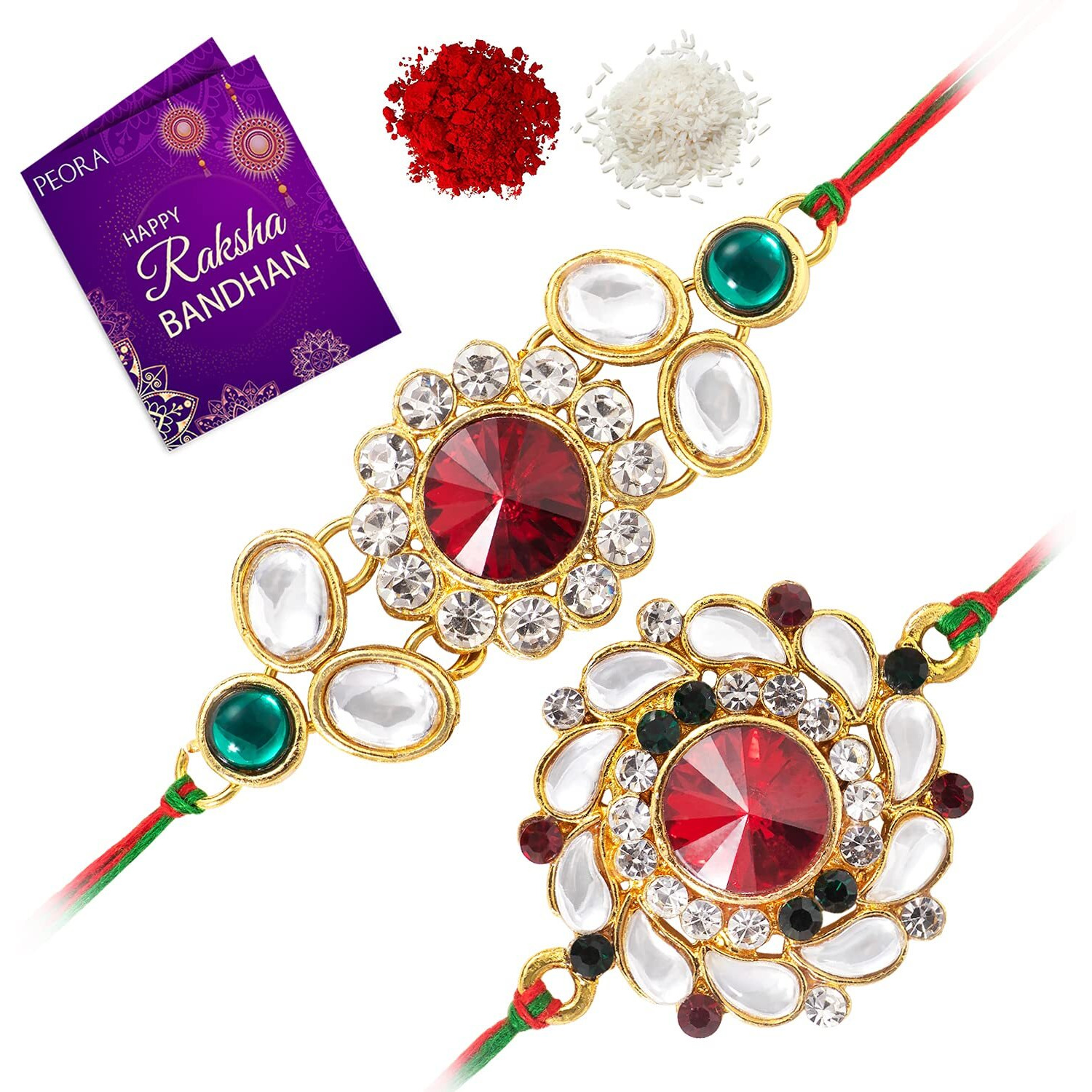 Peora Mens Elegant Kundan Stone Rakhi for Brother Combo Set of 2 with Raksha Bandhan Greeting Card & Roli Chawal