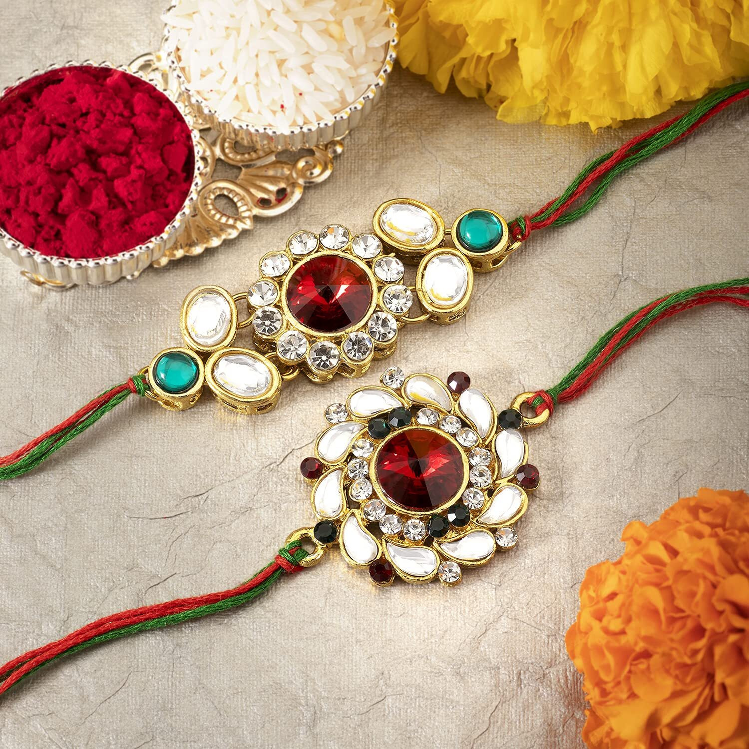 Peora Mens Elegant Kundan Stone Rakhi for Brother Combo Set of 2 with Raksha Bandhan Greeting Card & Roli Chawal