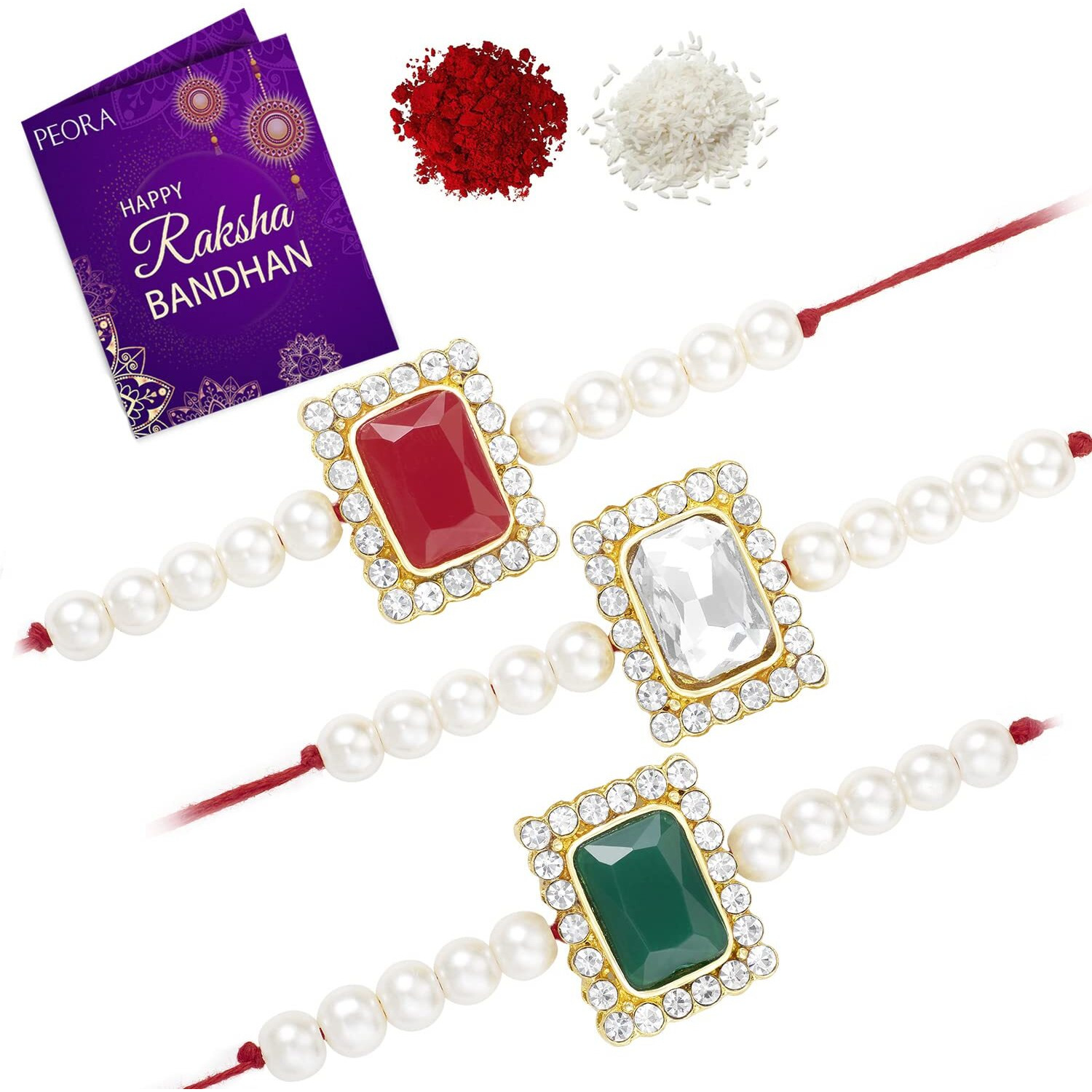 Peora Mens Thread Beautiful Kundan Beads Raksha Bandhan Rakhi with Chawal Roli Greeting Card (Combo Pack of 3)