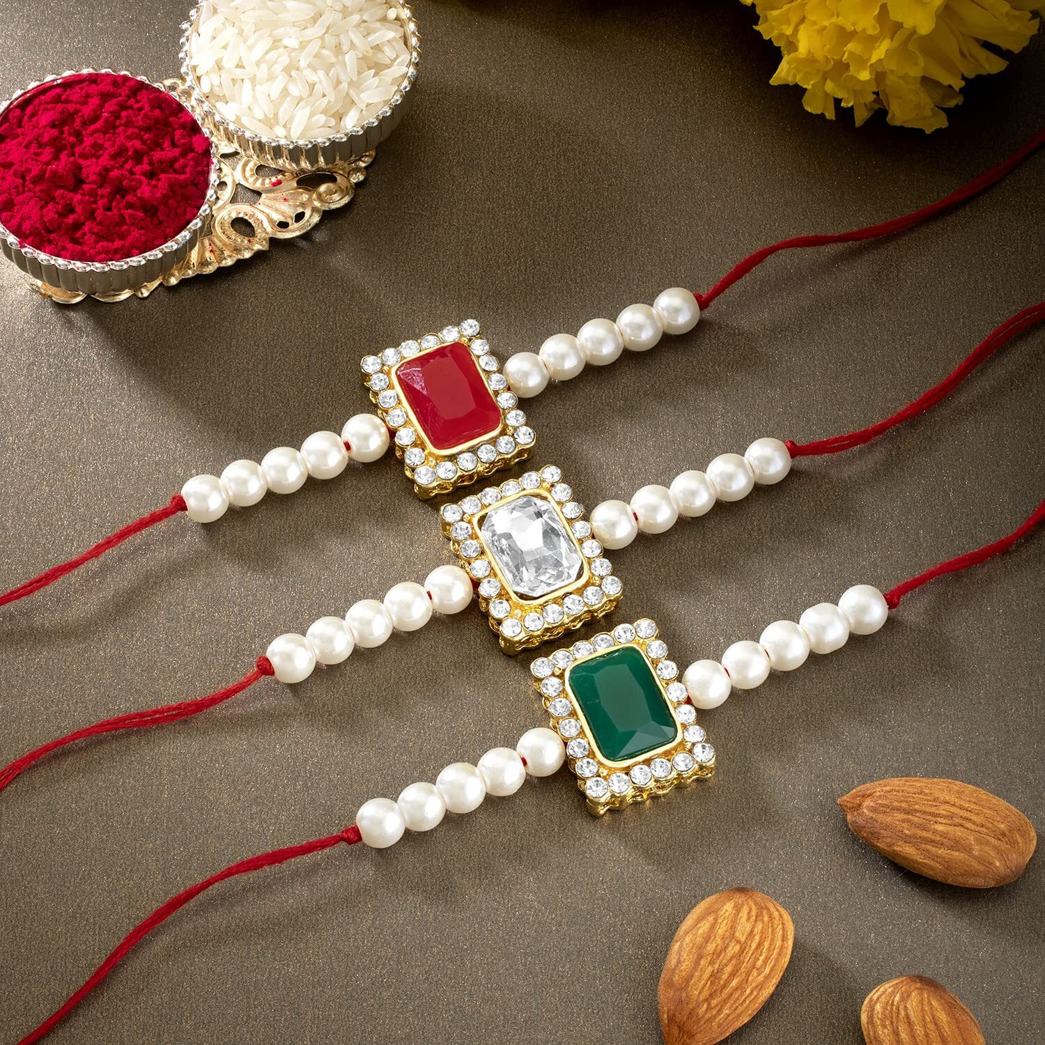Peora Mens Thread Beautiful Kundan Beads Raksha Bandhan Rakhi with Chawal Roli Greeting Card (Combo Pack of 3)
