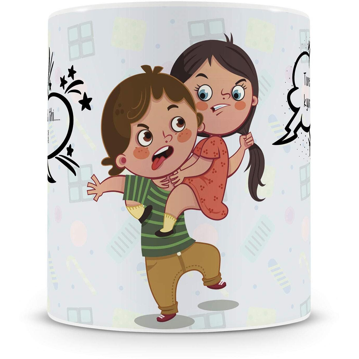 illuminati gifts Raksha Bandhan Gift Set of Stone Studded Rakhi & Brother Sister Cute Fight Funny Design Quote Printed Ceramic Coffee Mug for Brother Bhaiya Bhai - (325ml, White)