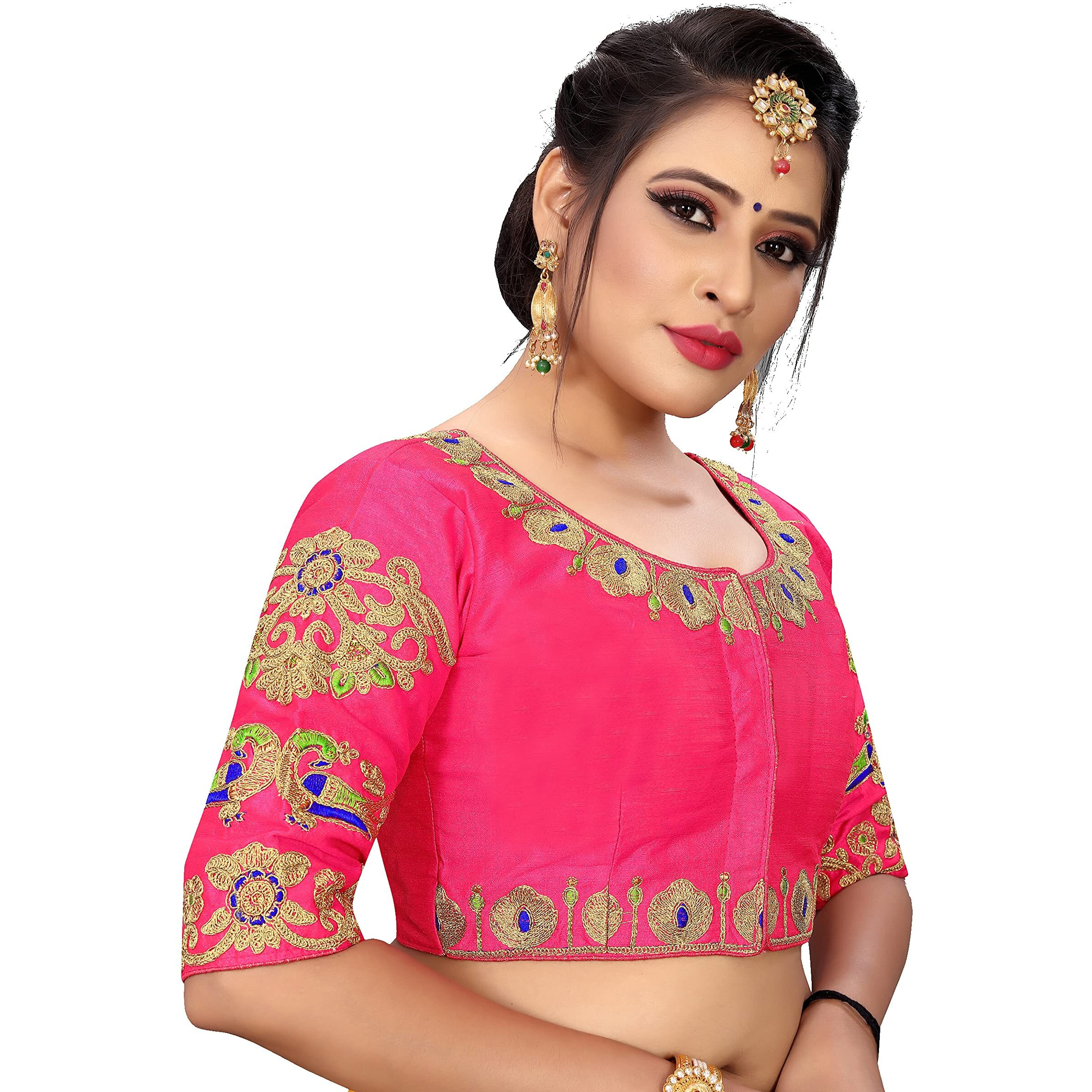 Vihu Fashion Womens Silk Floral Half Sleeve Regular Blouse (VF Rakhi Pink 38