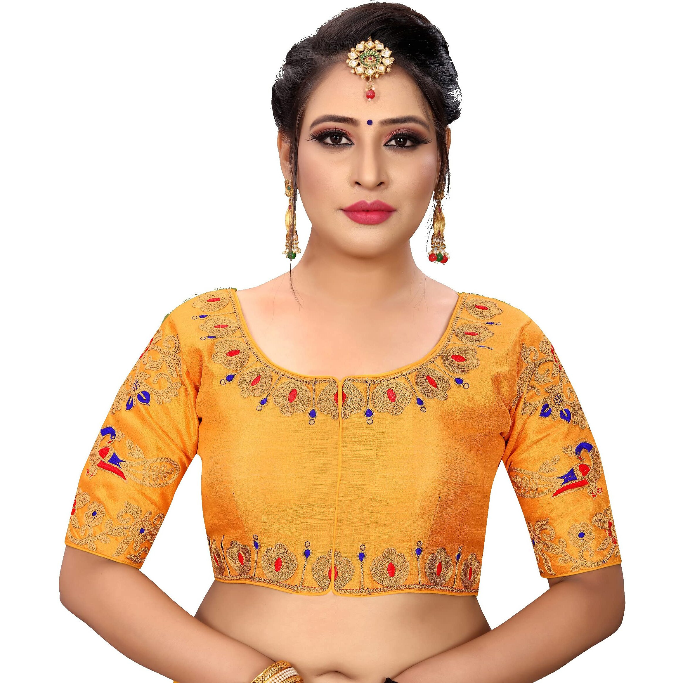 Vihu Fashion Womens Silk Floral Half Sleeve Regular Blouse (VF Rakhi Yellow 38