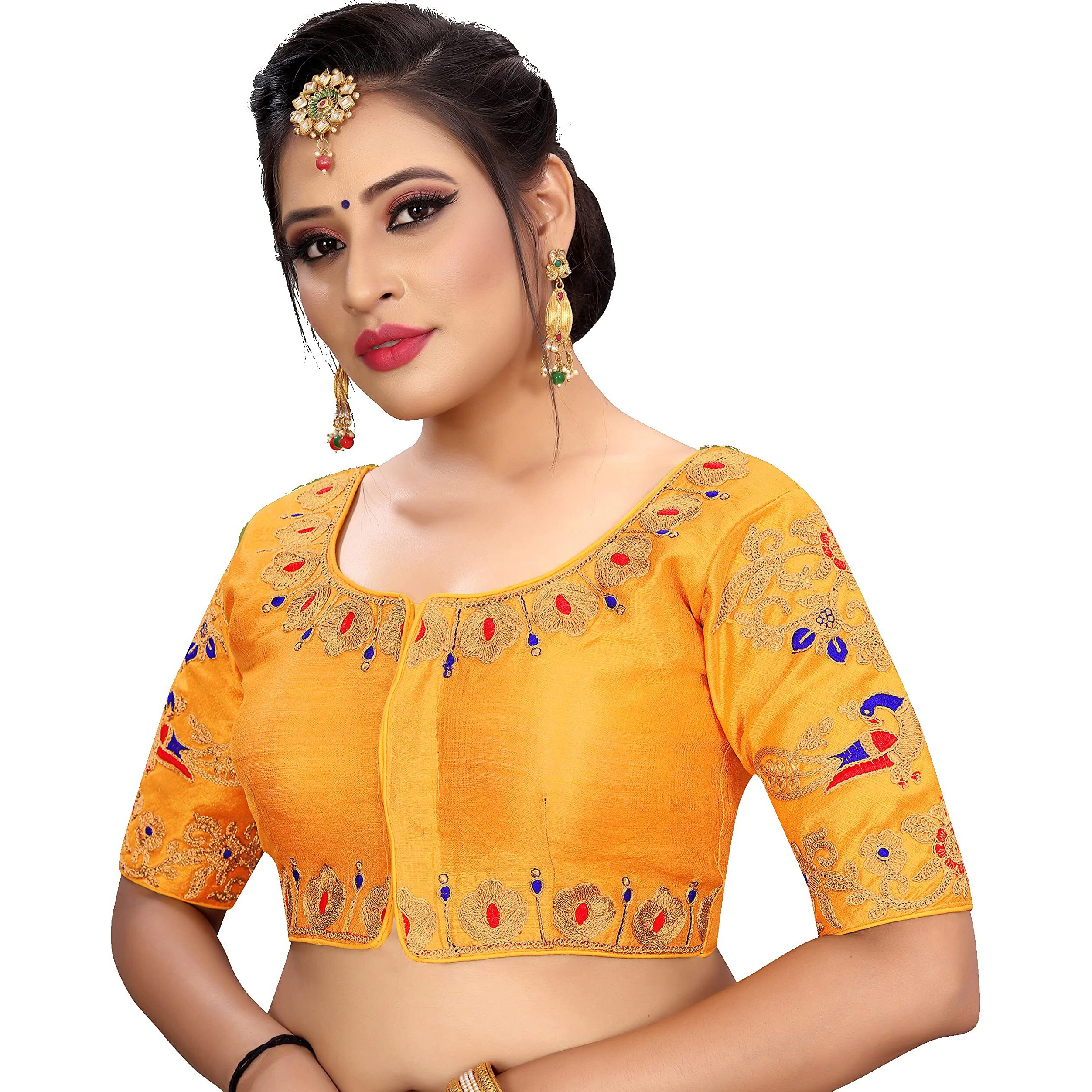 Vihu Fashion Womens Silk Floral Half Sleeve Regular Blouse (VF Rakhi Yellow 38