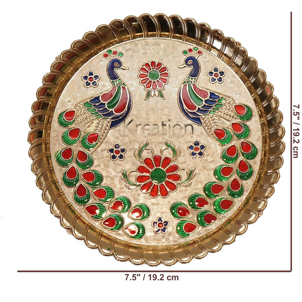 iKreation Acrylic Round Shape Peacock Printed Haldi Kumkum Holder/Rakhi Platter/Pooja Thali (Gold_19.1 x 19.1 cm)