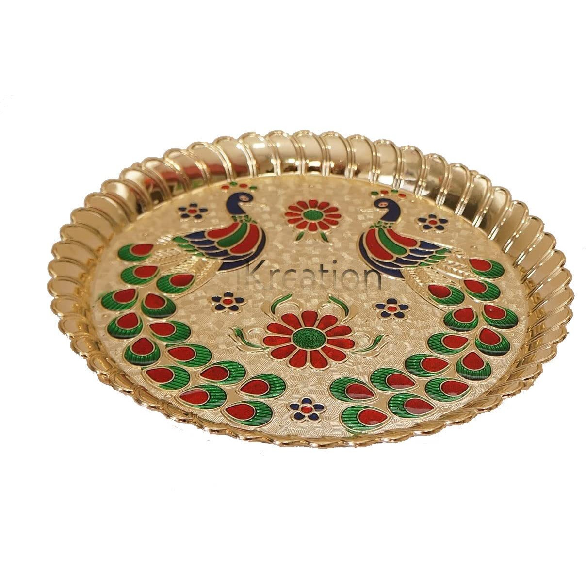 iKreation Acrylic Round Shape Peacock Printed Haldi Kumkum Holder/Rakhi Platter/Pooja Thali (Gold_19.1 x 19.1 cm)