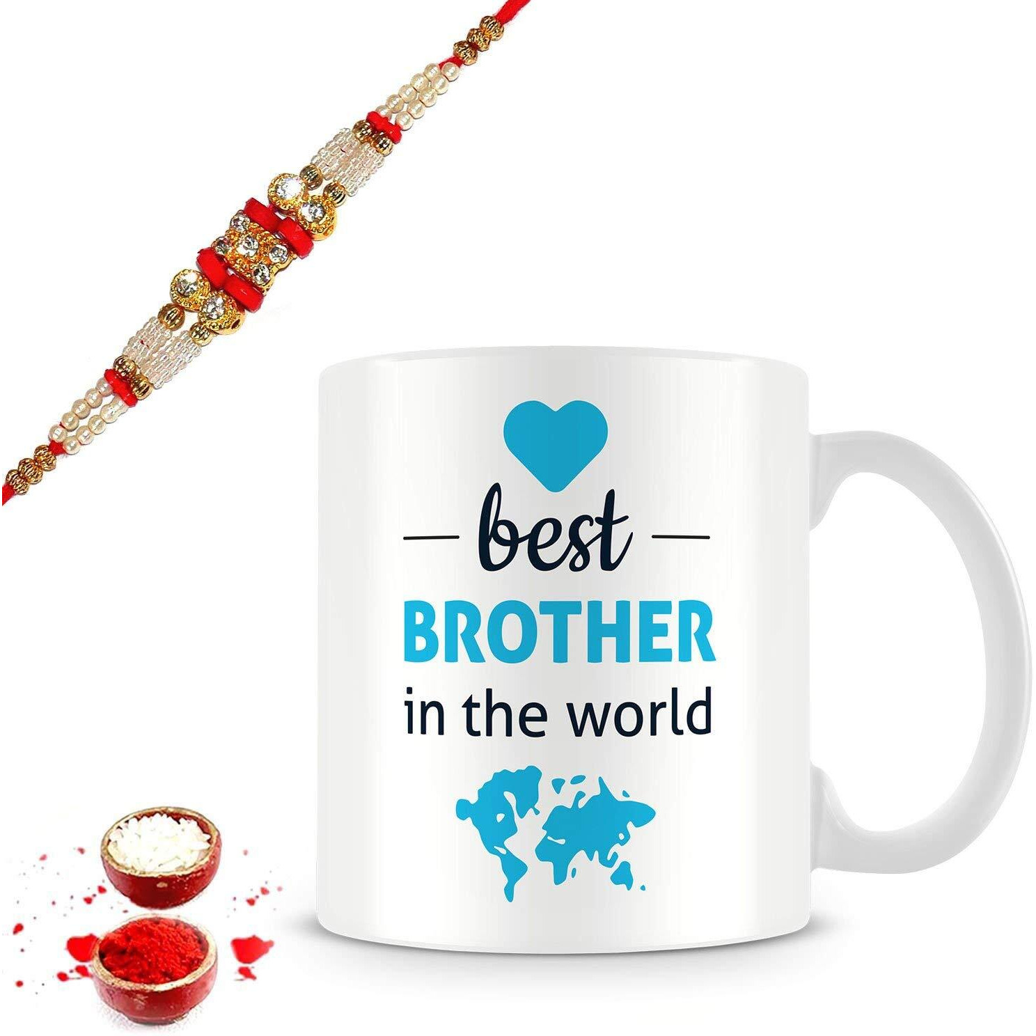 illuminati gifts Raksha Bandhan Gift Set of Stone Studded Rakhi & Best Brother in The World Quote Printed Ceramic Coffee Mug for Brother Bhaiya Bhai - (325ml, Blue)