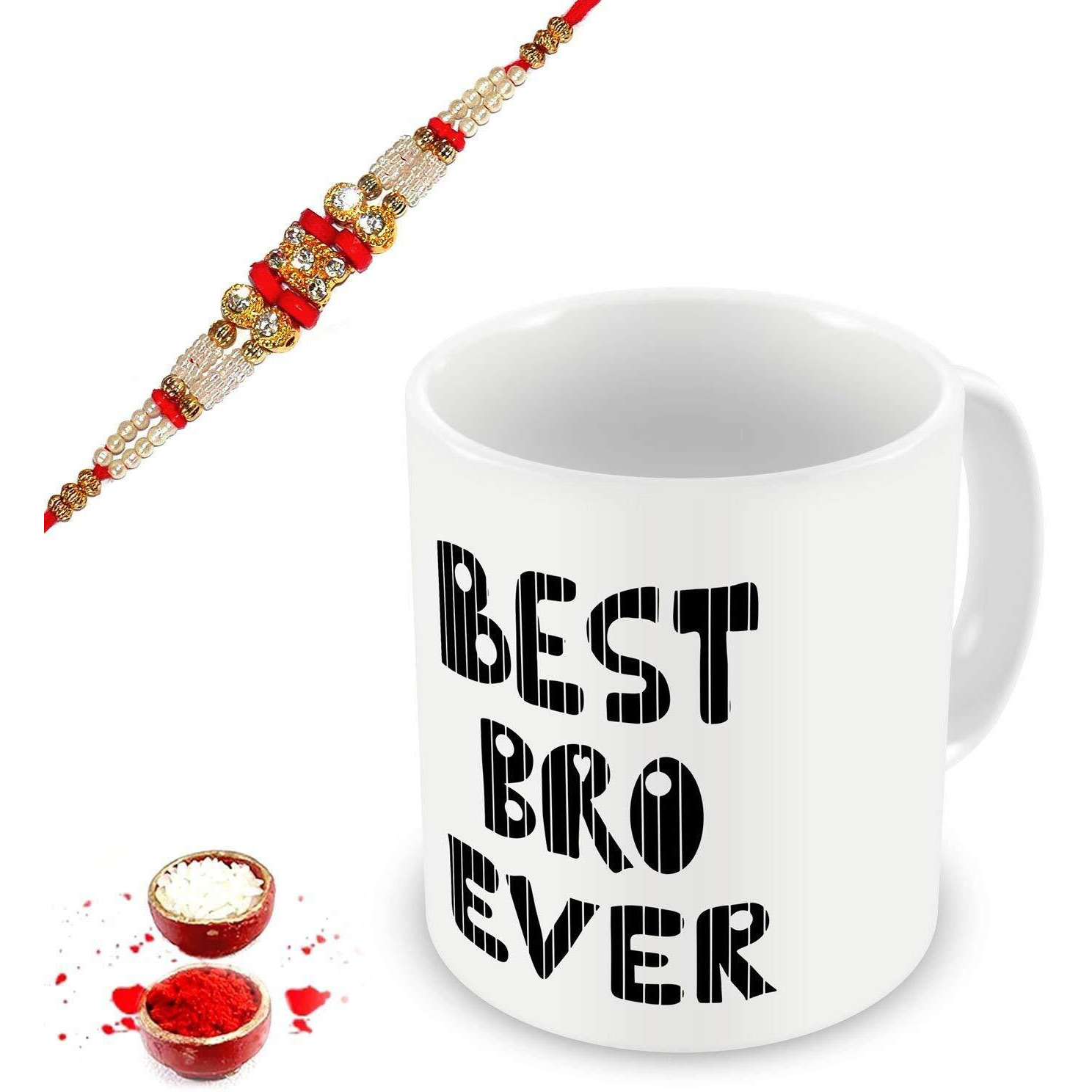 illuminati gifts Raksha Bandhan Gift Set of Stone Studded Rakhi & Best Bro Ever Quote Printed Ceramic Coffee Mug for Brother Bhaiya Bhai - (325ml, Black)