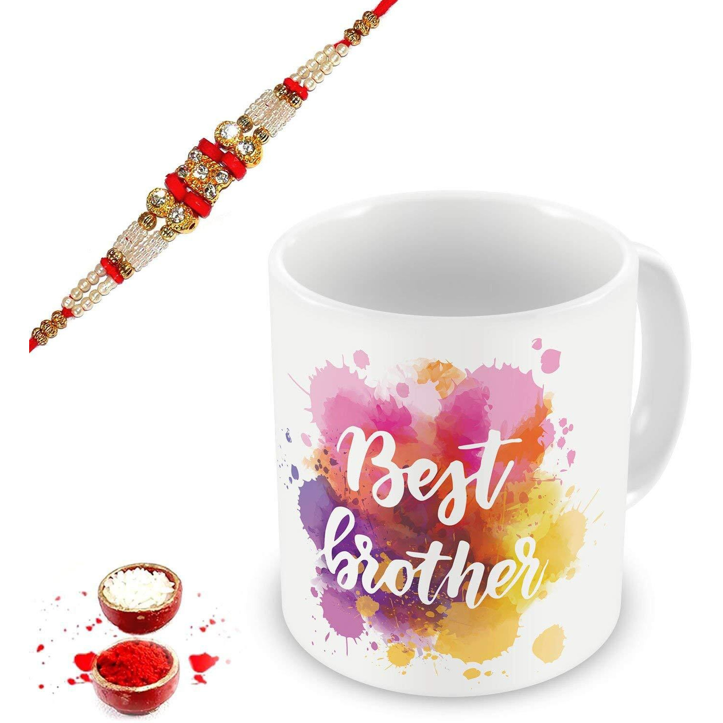 illuminati gifts Raksha Bandhan Gift Set of Stone Studded Rakhi & Best Brother Watercolor Design Quote Printed Ceramic Coffee Mug for Brother Bhaiya Bhai - (325ml, Multicolor)