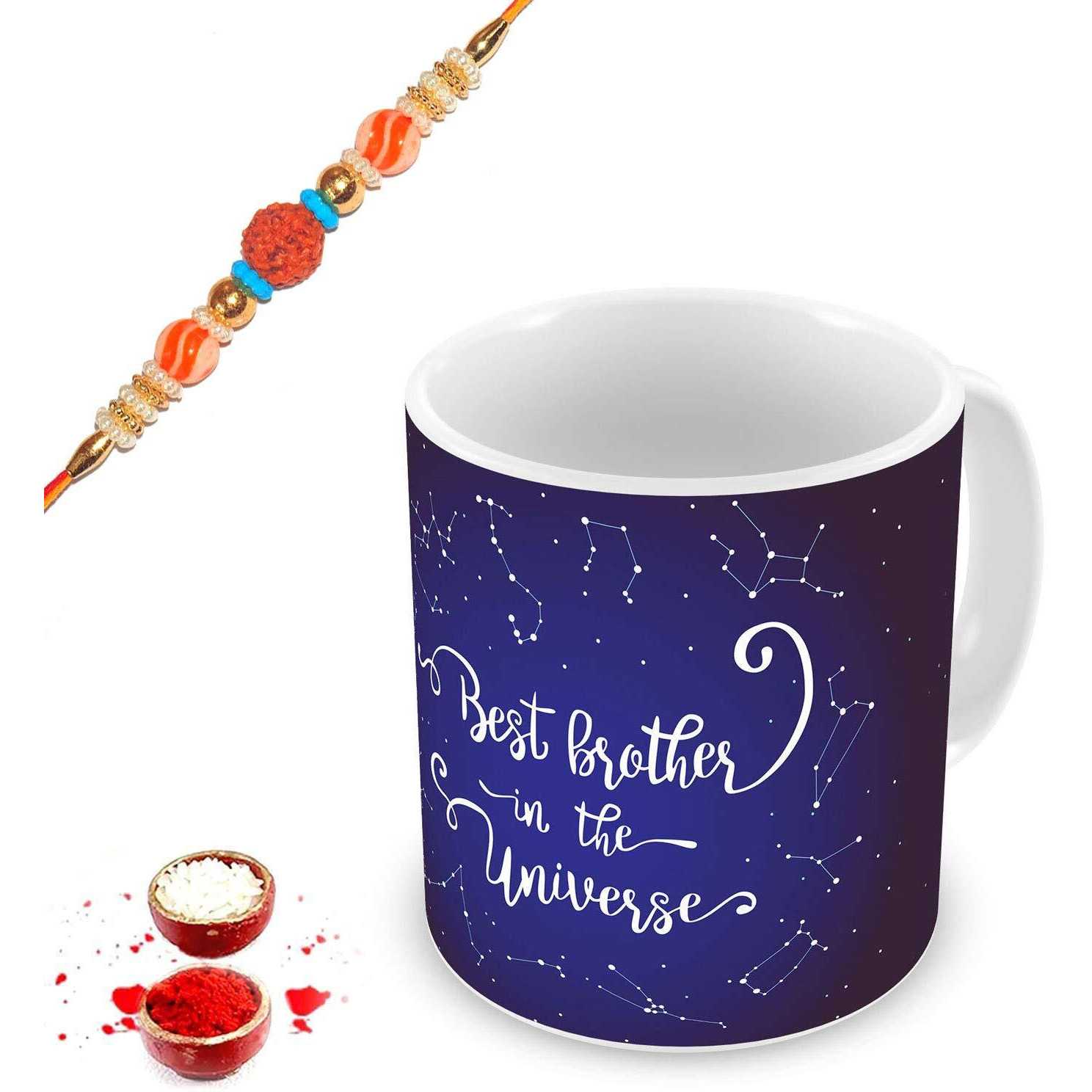illuminati gifts Raksha Bandhan Gift Set of Rudraksh Beads Rakhi & Best Brother in The Universe Quote Printed Ceramic Coffee Mug for Brother Bhaiya Bhai - (325ml, Blue)