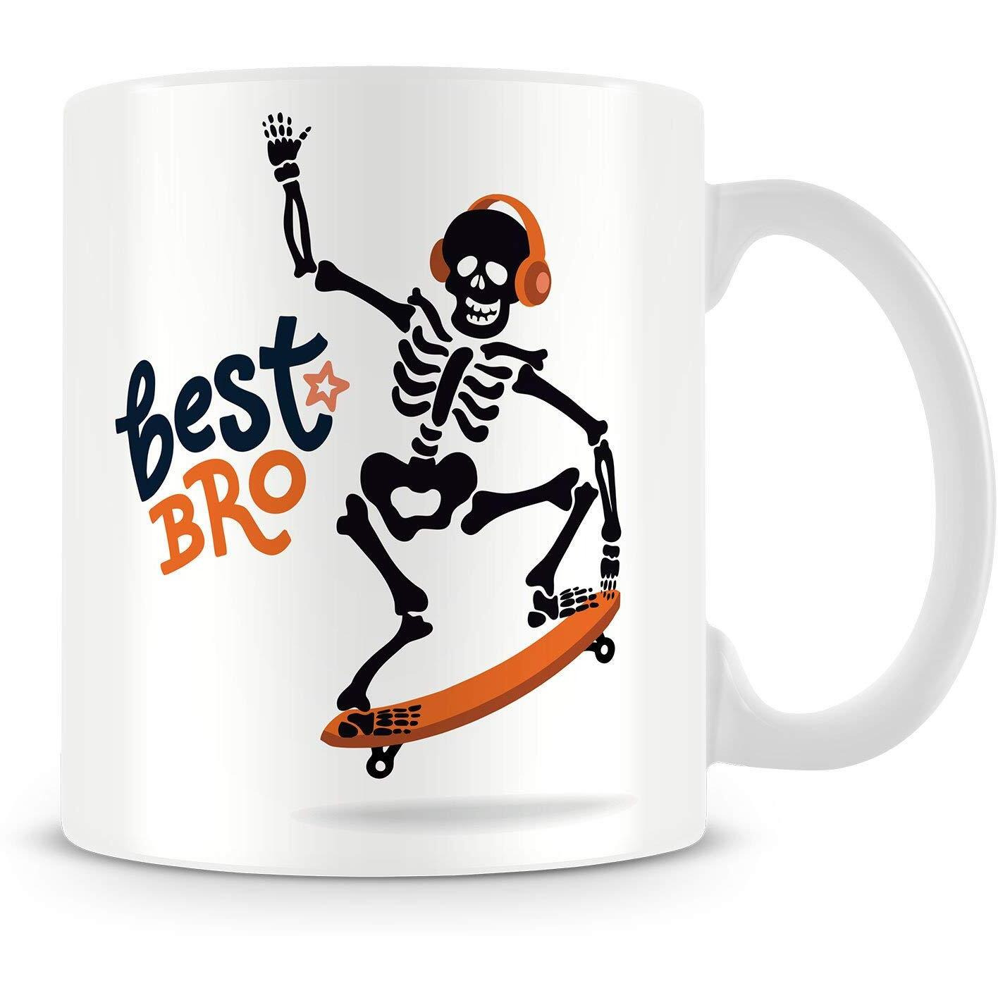 illuminati gifts Raksha Bandhan Gift Set of Beautiful Peacock Rakhi & Best Bro Skull Design Quote Printed Ceramic Coffee Mug for Brother Bhaiya Bhai - (325ml, White)