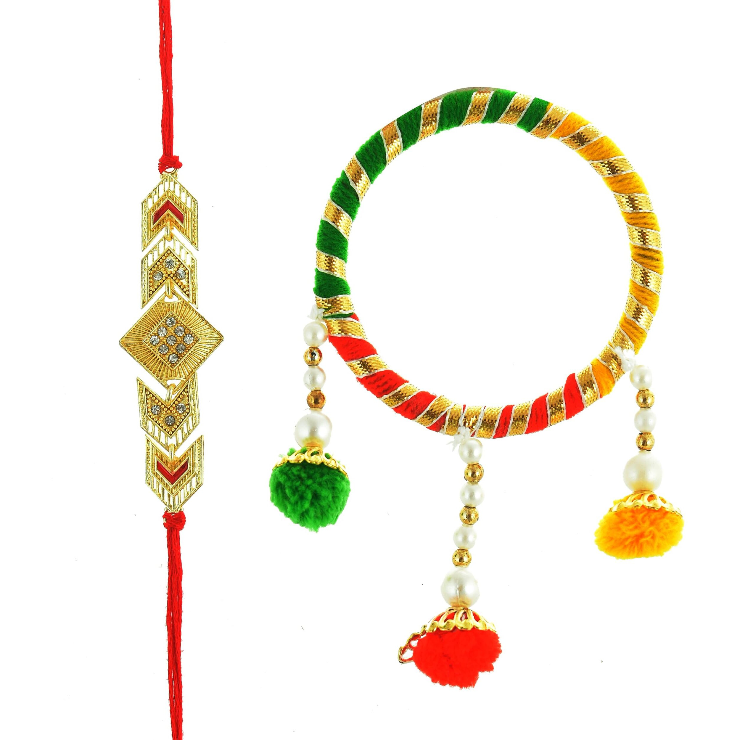 INDI ART RAKHI SET for BHAIYA and BHABHI JI- PYARE BHAIYA RAKHI with LATKAN KADA SET for BHABHI JI - Set of 2 (Prime)