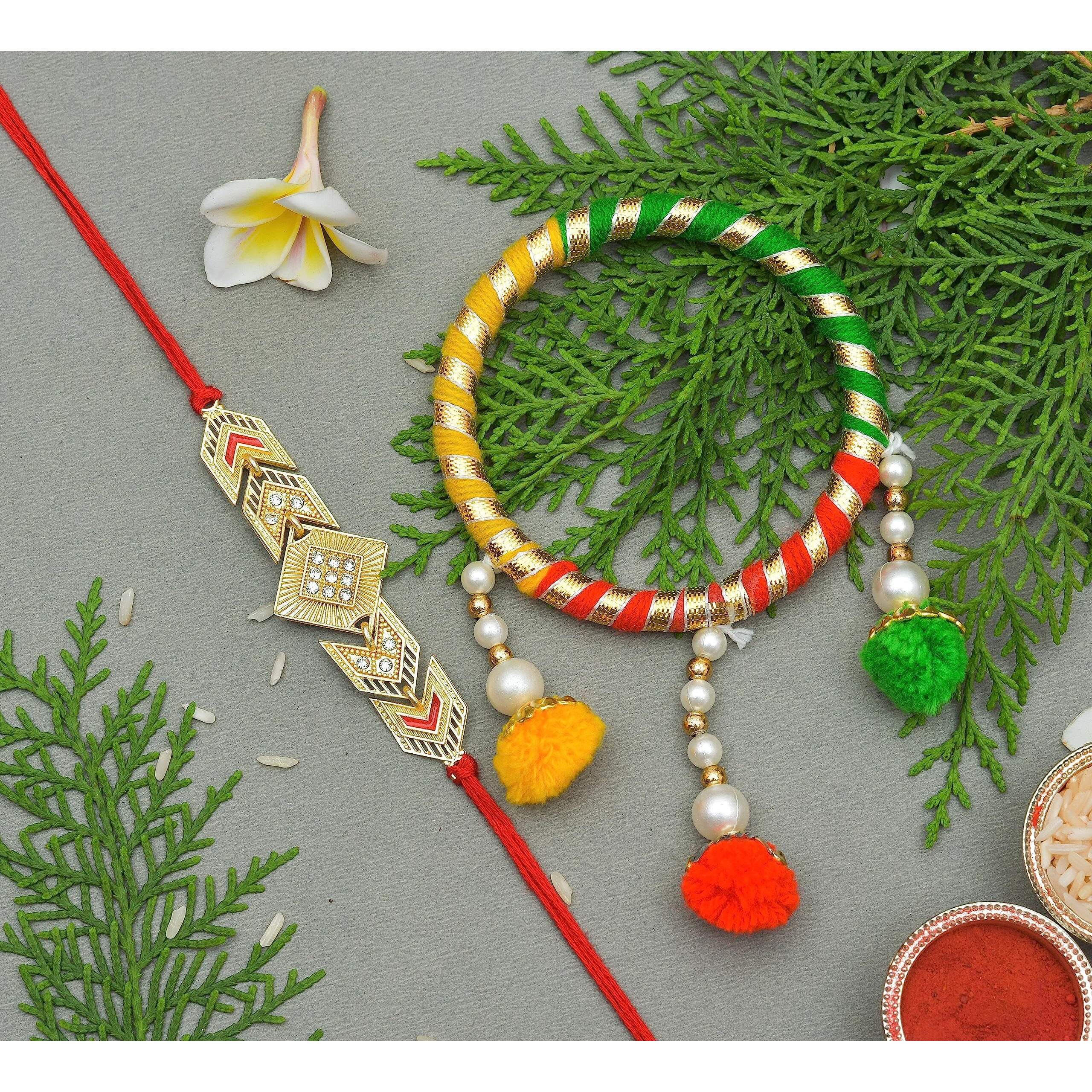 INDI ART RAKHI SET for BHAIYA and BHABHI JI- PYARE BHAIYA RAKHI with LATKAN KADA SET for BHABHI JI - Set of 2 (Prime)