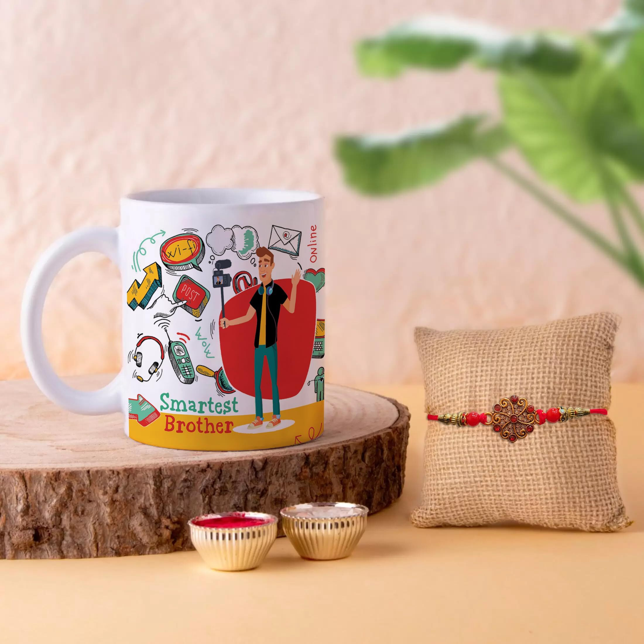 The Purple Tree Rakhi for Brother with Mug and Card Hamper, Rakhi Gift Hamper (1 Rakhi, Mug, Roli Chawal, Greeting Card), Rakhi Gift for Brother, Rakhi for Bhai, Rakhi Mug Gift MR4