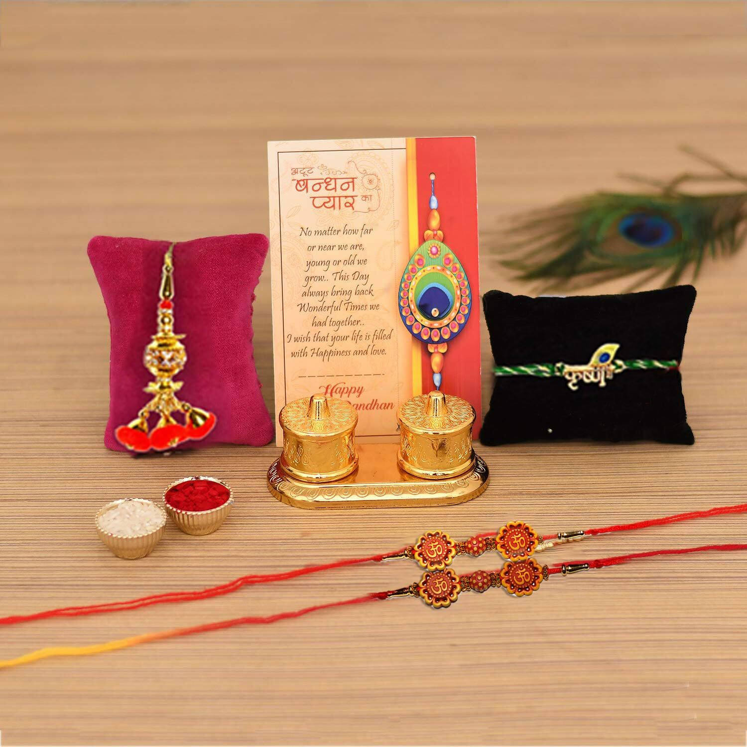 Collectible India Rakhi For Brother Bhaiya Bhabhi - 4 Rakhi Set With Golden Finish Kumkum Dani Box - Rakshabandhan Gift Best Special Card / Shri Nath Ji Rakhi/Lumba Rakhi For Bhabhi/ Rakhi For Bhaiya Bhabhi Kids