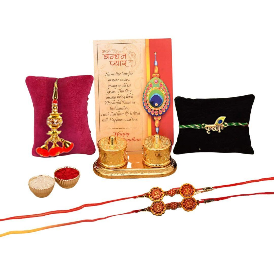 Collectible India Rakhi For Brother Bhaiya Bhabhi - 4 Rakhi Set With Golden Finish Kumkum Dani Box - Rakshabandhan Gift Best Special Card / Shri Nath Ji Rakhi/Lumba Rakhi For Bhabhi/ Rakhi For Bhaiya Bhabhi Kids